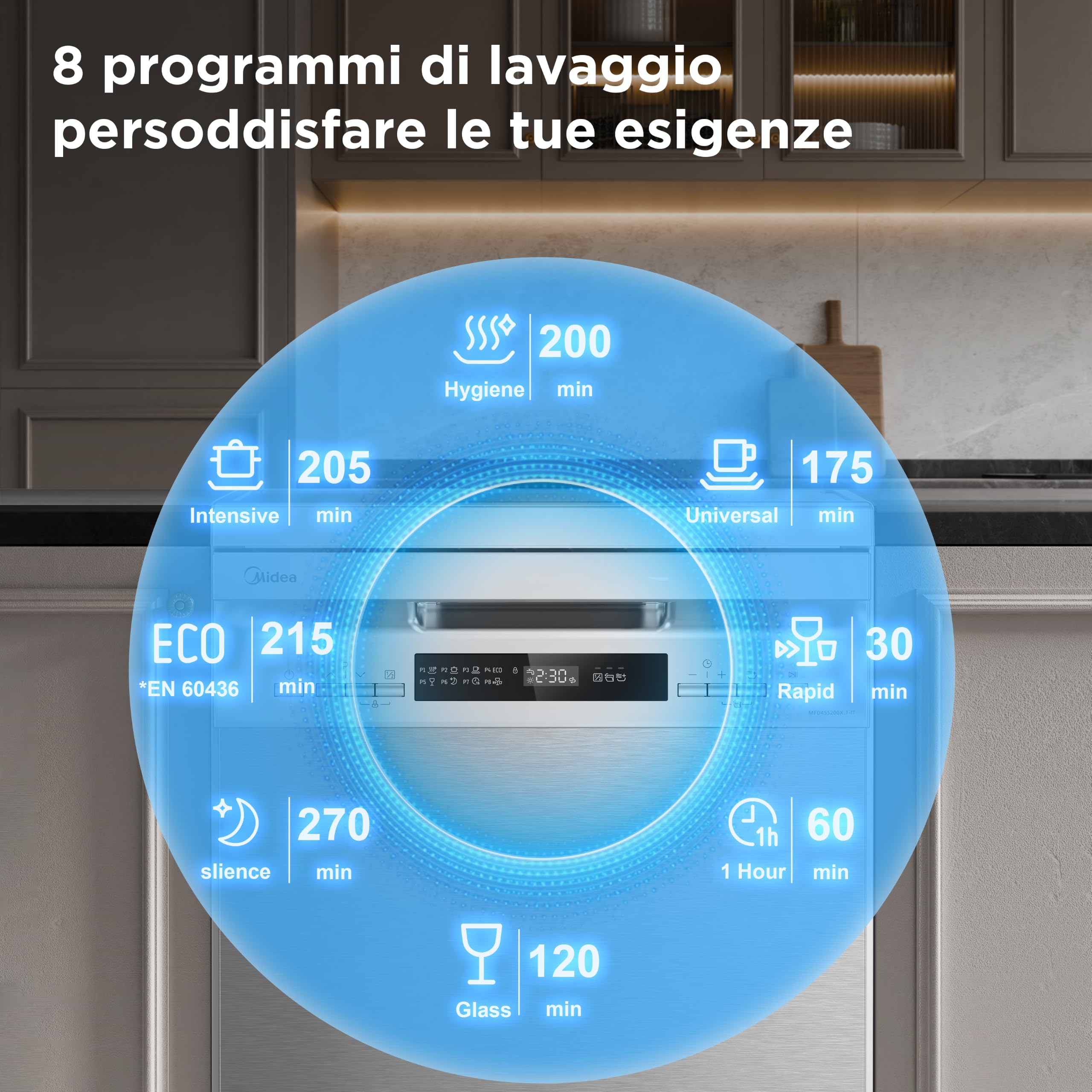 Midea MFD45S200X.1-IT Geschirrspüler, freistehend, mit 10 Decken, 8 Programme, LED-Display, Startvorwahl, Halblastfunktion, extra Trocknung, Edelstahl