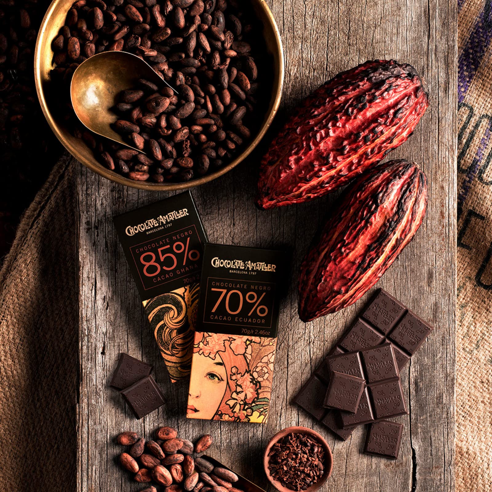 CHOCOLATES AMATLLER - Pack 10 Tabletas de Chocolate Negro 85% Cacao Origen Ghana (70gr x 10) – Sin Gluten