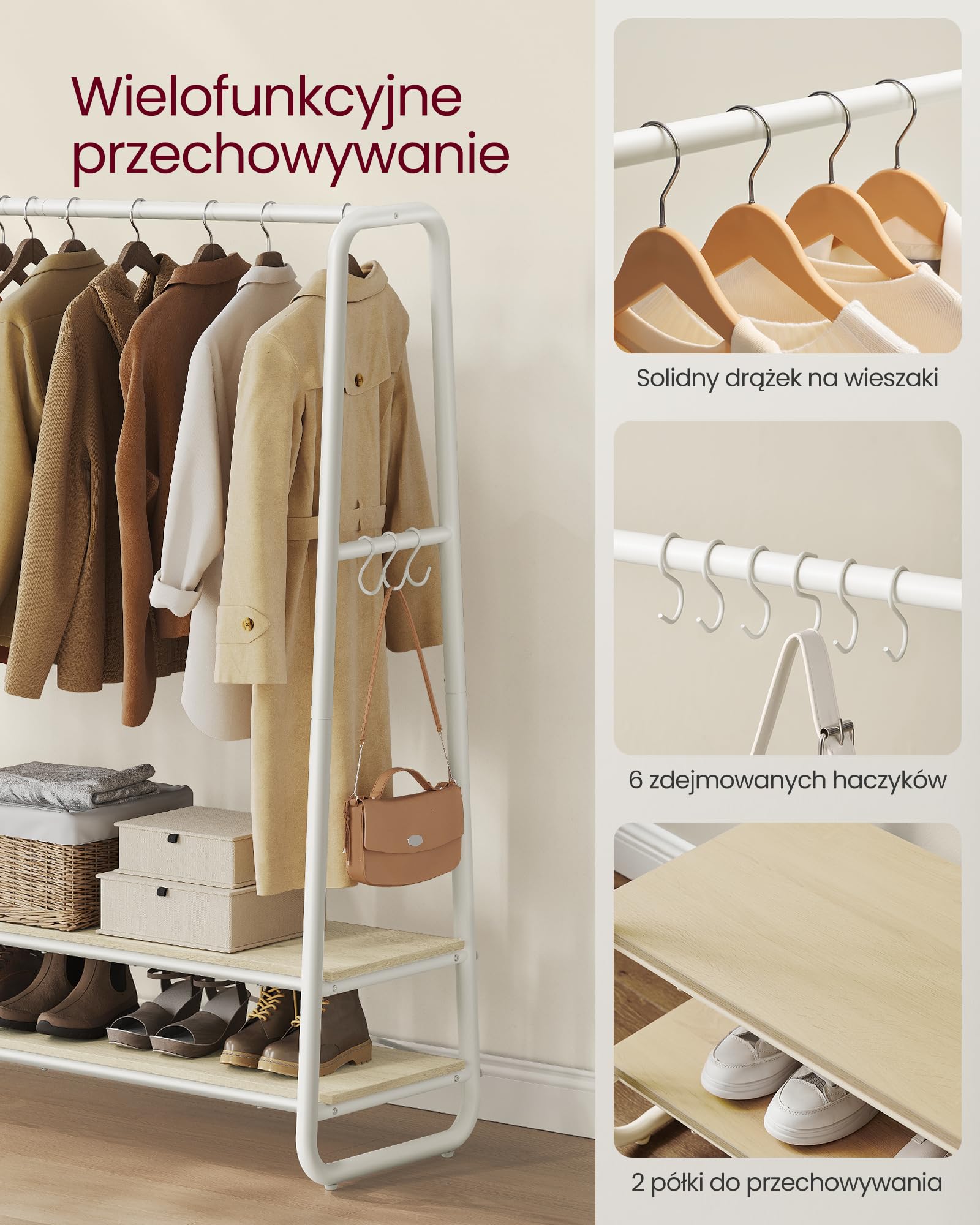 VASAGLE Wieszak na ubrania, wieszak na ubrania z 2 półkami, 6 haczyków w kształcie litery S, stalowa rama, do sypialni, naturalny beżowy i matowy biały RGR119W09