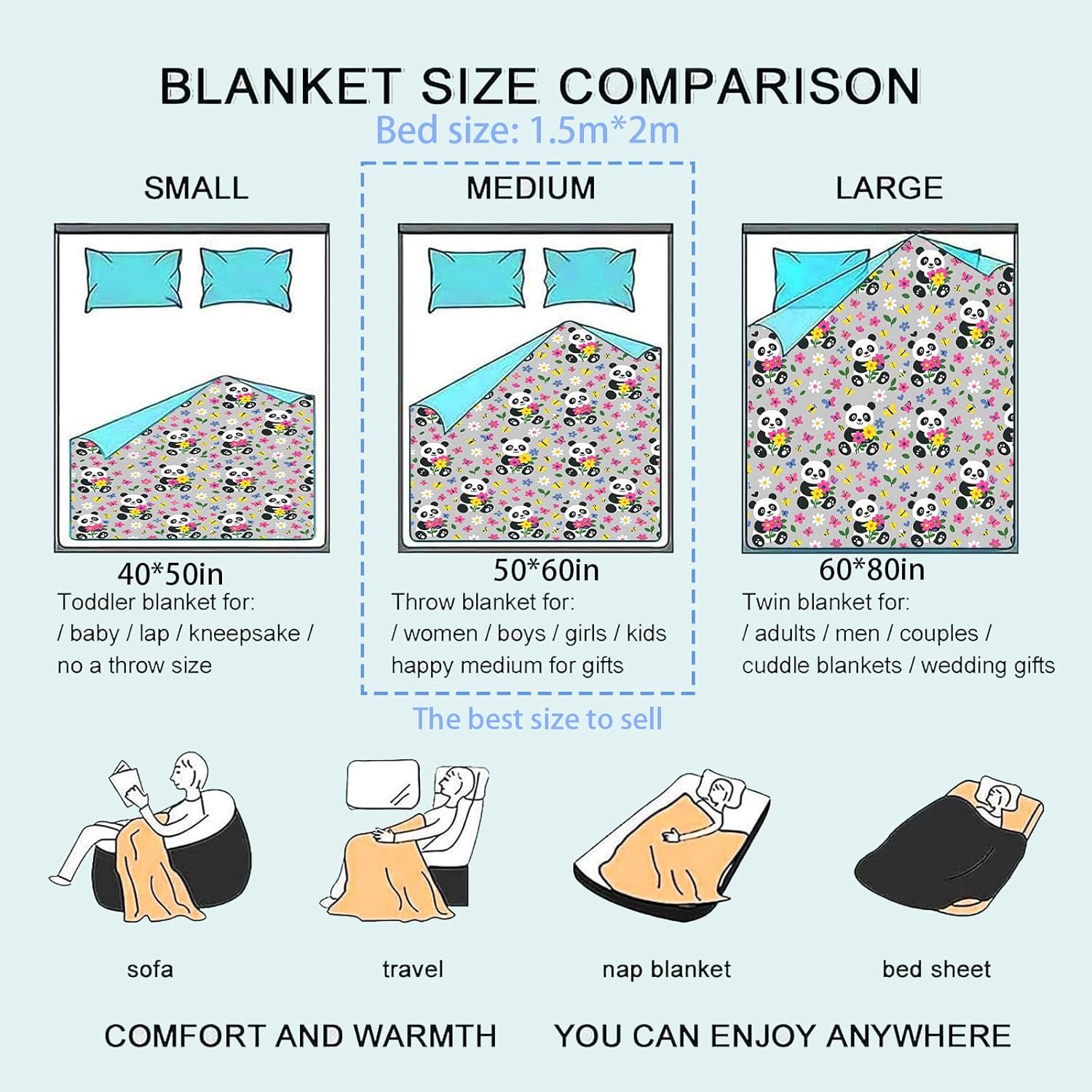 Cute Panda Flannel Blanket Cartoon Animal Floral Butterfly Lightweight Blankets 60x50inch Single Sided Print Throw for Sofa Couch Bed Living Room Office Spring Decor Adults Gifts