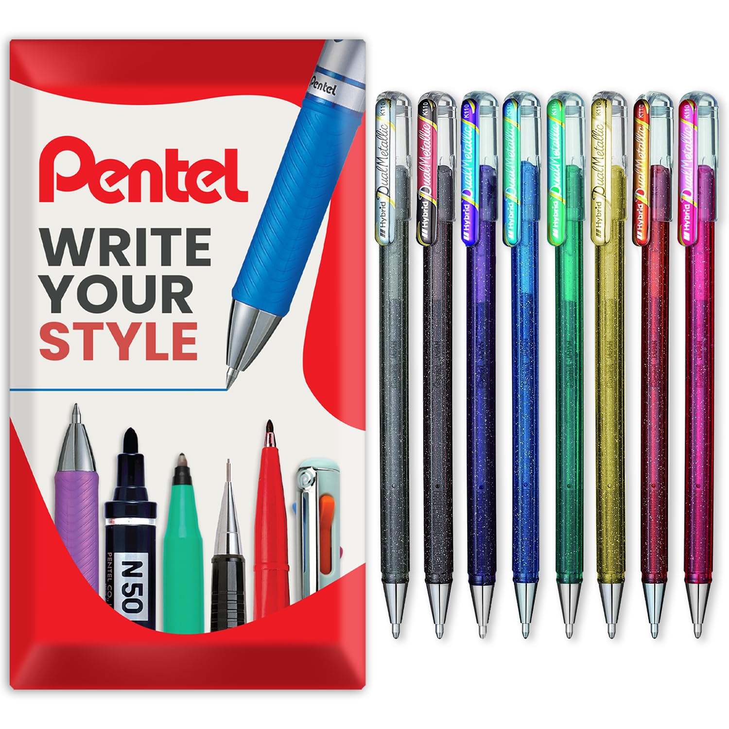 Pentel Hybrid - Dual Metallic Pens - Liquid Gel Rollerball Pens - K110 - Assorted Colours - Set of 8 in Envelope Gift Packaging