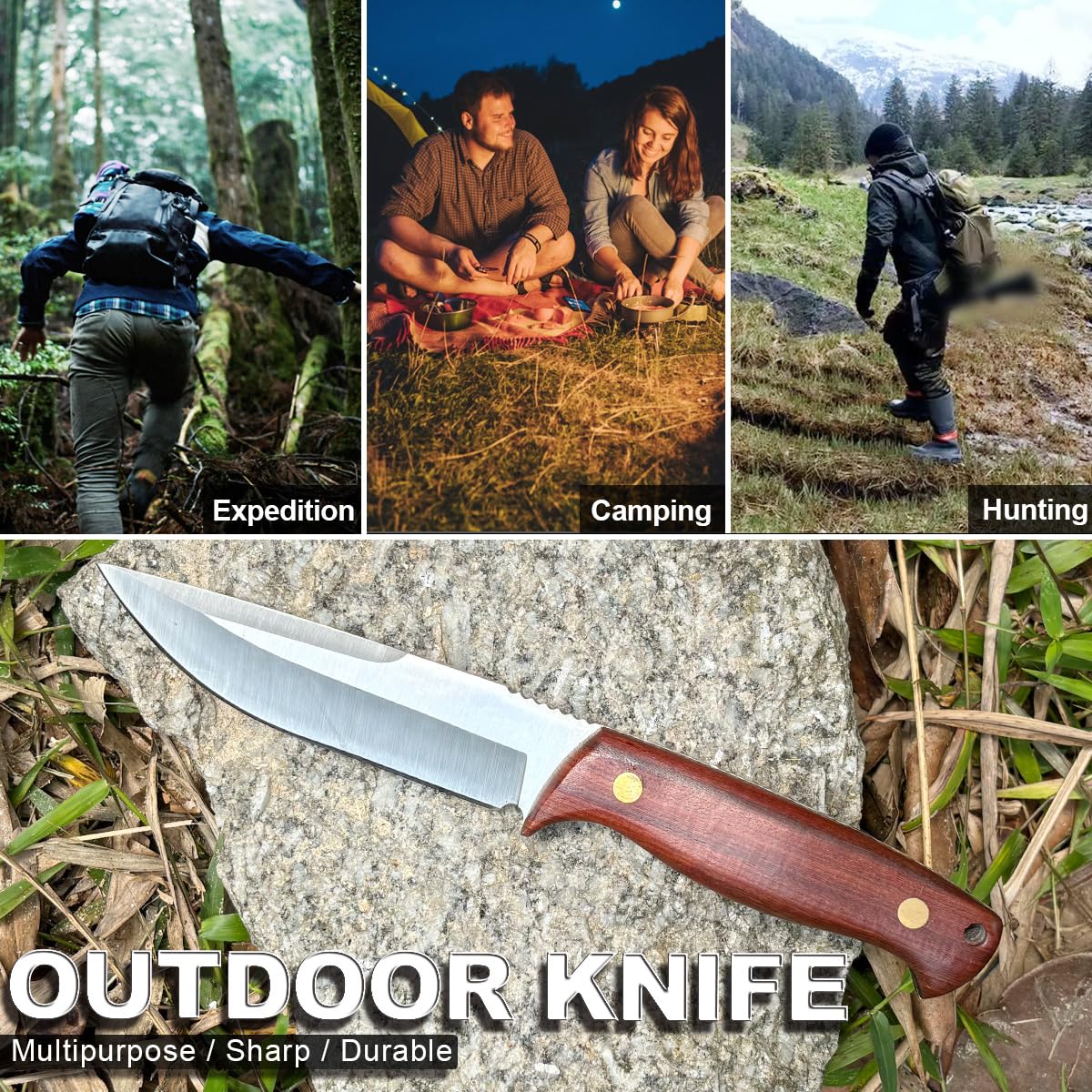 D2 Coltello da sopravvivenza affilato con squisita custodia in pelle, lama fissa, coltello di sopravvivenza ergonomico, manico in palissandro per campeggio all'aperto (Brown 01)
