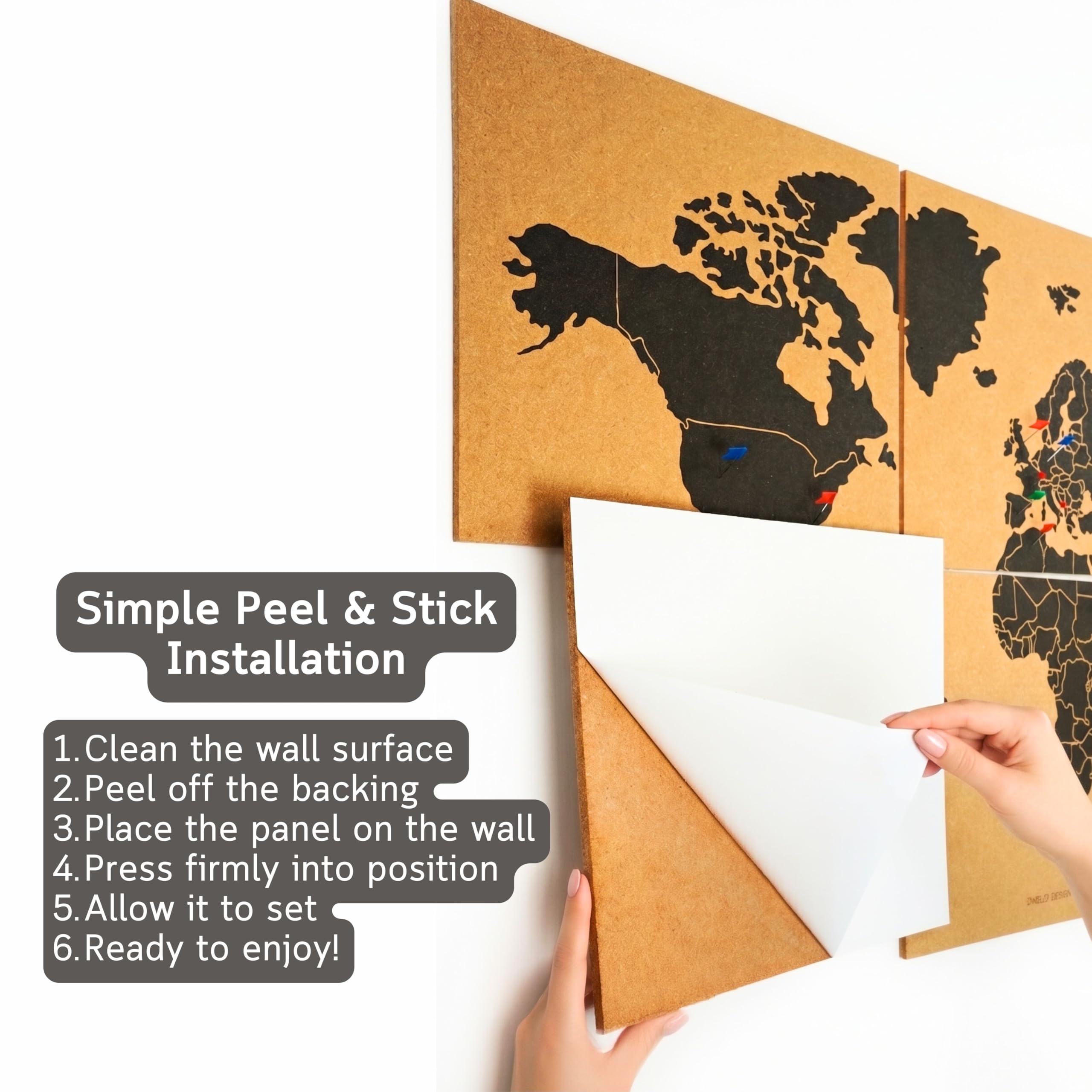 Mapa świata korek ścienny XXL 120 x 60 cm - 6 paneli samoprzylepnych - mapa do znakowania podróży pinezkami - 60 pinezek w zestawie - dekoracja domu