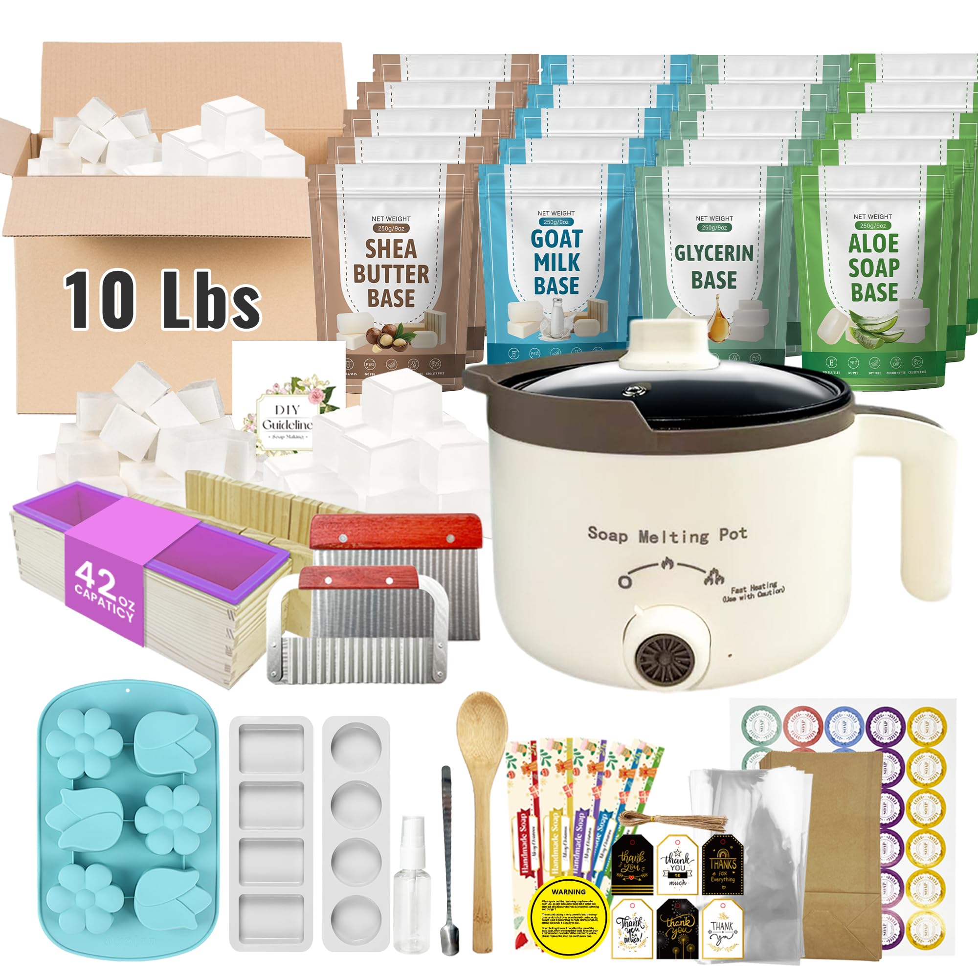 LFISGNN Soap Making Kit with 4 Flavored 10 lbs Soap Base in Bulk | DIY Soap Kit in Bulk with Soap Melting Pot, 10 lbs Soap Base (Shea Butter, Glycerin, Aloe, Goat Milk) and Loaf Mold 4 Flavored- 10 Lbs Bulk Kit
