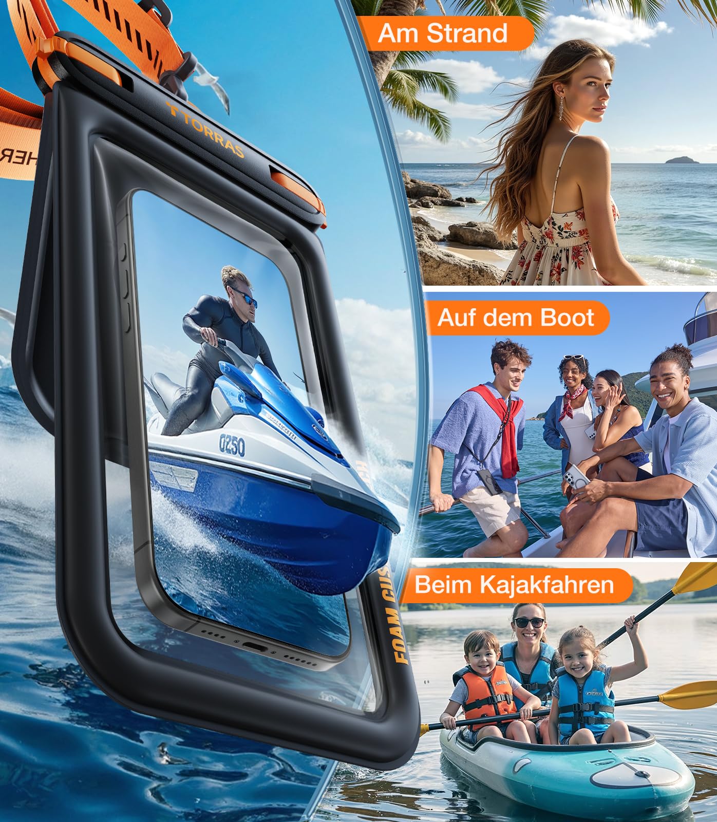 TORRAS IP68 wasserdichte Handyhülle [Doppelte Taschen], Unterwasser Handyhülle Wasserfeste Handytasche, 500g Maximaler Auftrieb, Ideal für Tiefsee-Tauchen, Schwimmen, SUP und Segeln, 7,9 Zoll,Schwarz