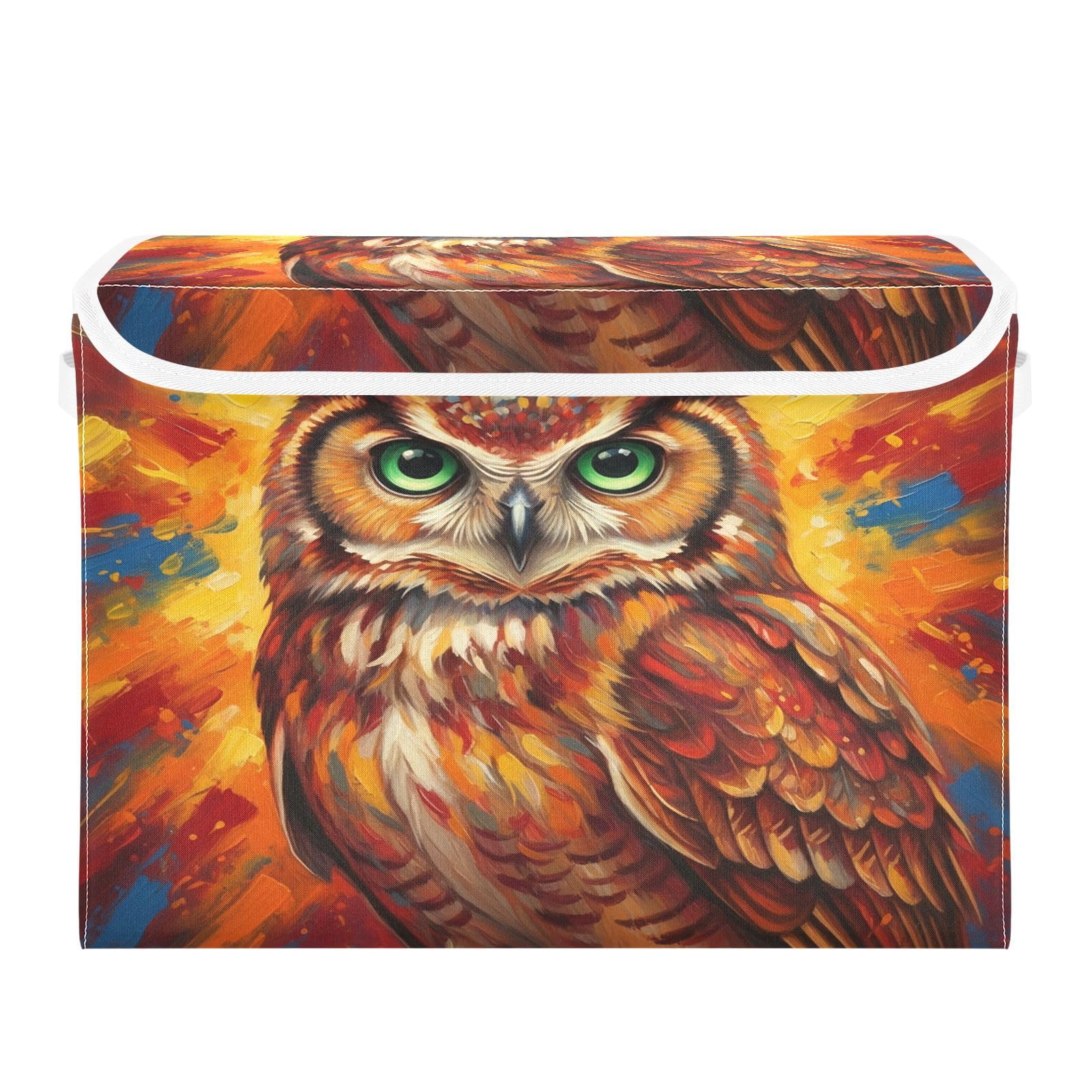Ewusp Owl Fabric Storage Bin with Lid, Decorative Foldable Storage Basket with Handles, Stackable Closet Shelf Organiser Box for Clothes, Books, Bedroom, Living Room