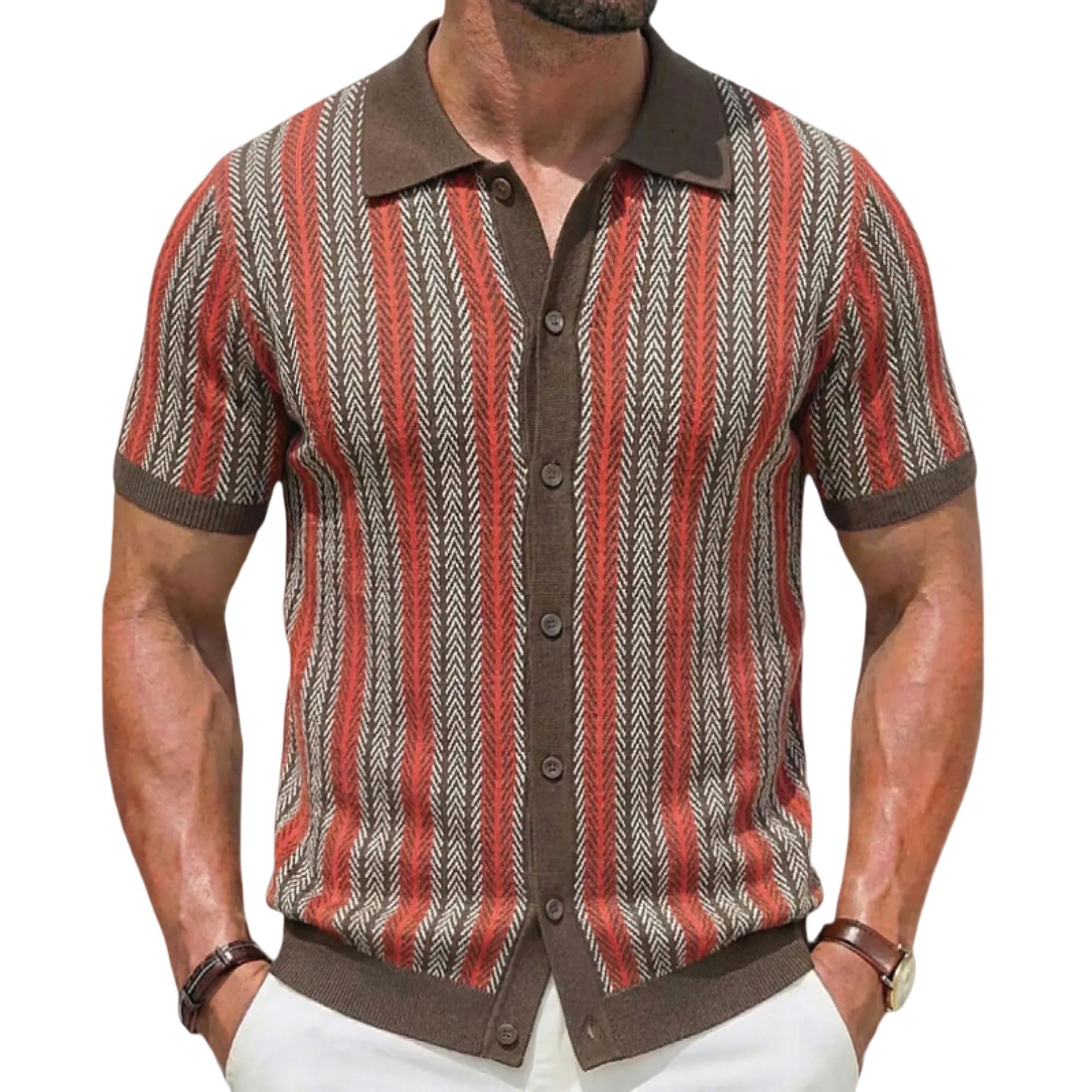 Herren Strickjacke mit Kurzen Ärmeln, Grün, mit Reverskragen, Knopfleiste Und Streifenmuster, Vintage Strickshirt, Tennisshirt, Sommer Strandshirt, Lässiges, Locker Geschnittenes, Leich