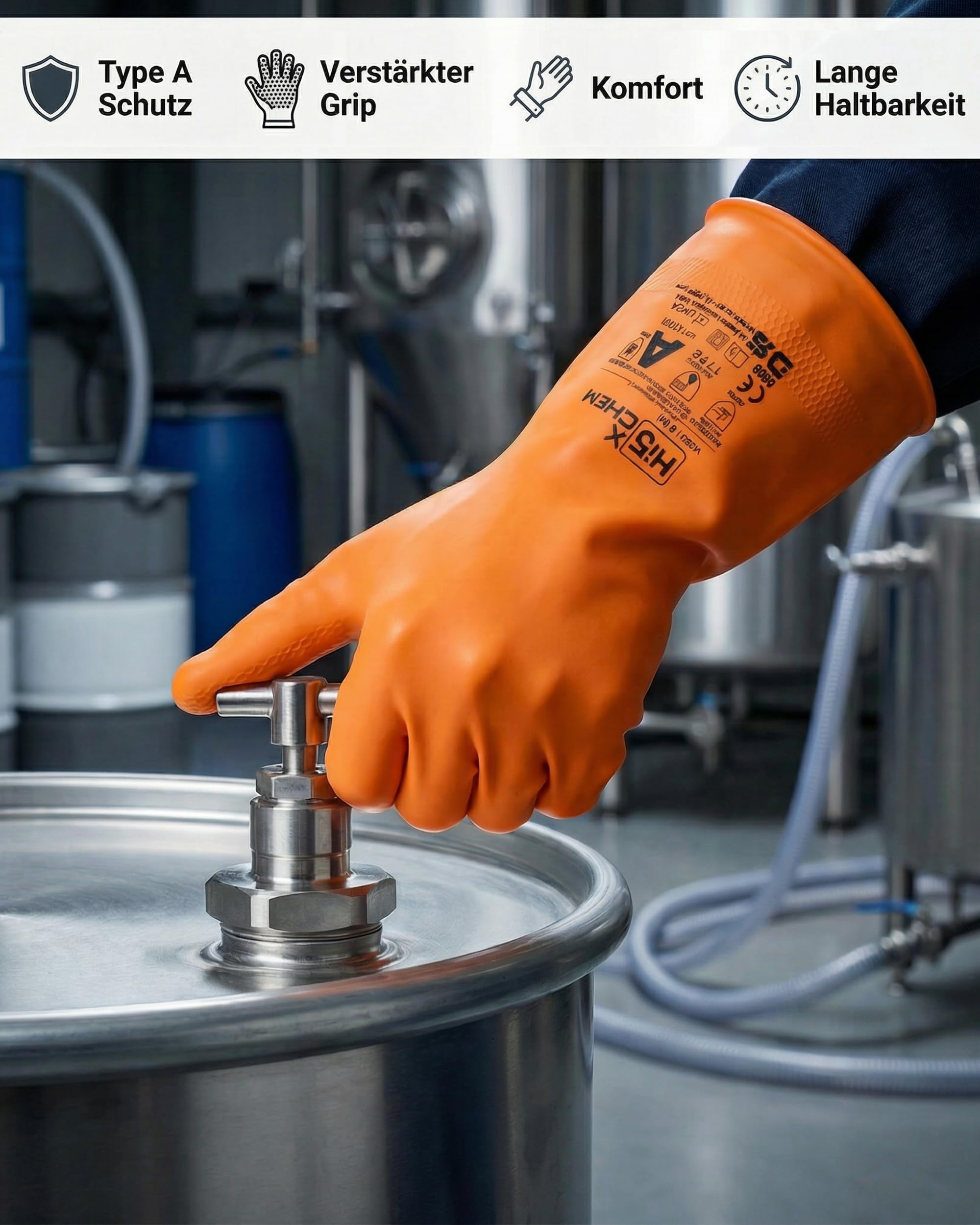 Hi5 X-Chem Chemikalienschutzhandschuhe Typ A – AKLMNPST – Naturkautschuk 0,70 mm – flockgefüttert – Anti-Rutsch – EN 374–1 Typ A & EN 388 – orange (XXL, 12, stück)