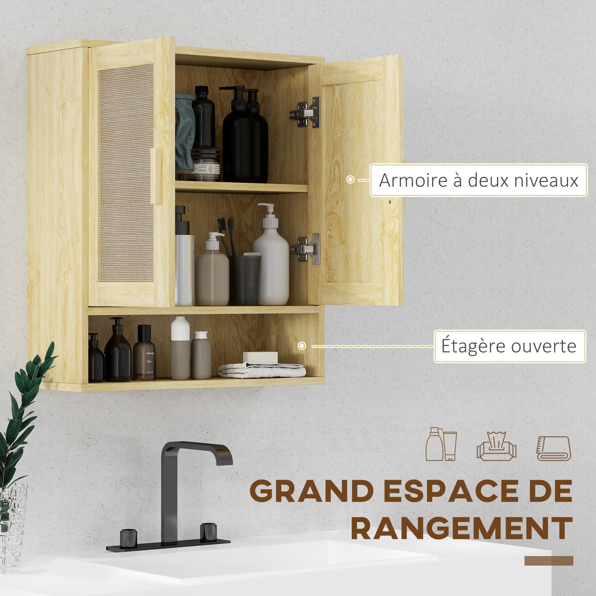 HOMCOM Meuble Mural Salle de Bain 59 x 20 x 66,5 cm Effet Bois de Chêne | Meuble WC Suspendu, Étagère Réglable, Double Porte, Étagère Ouverte