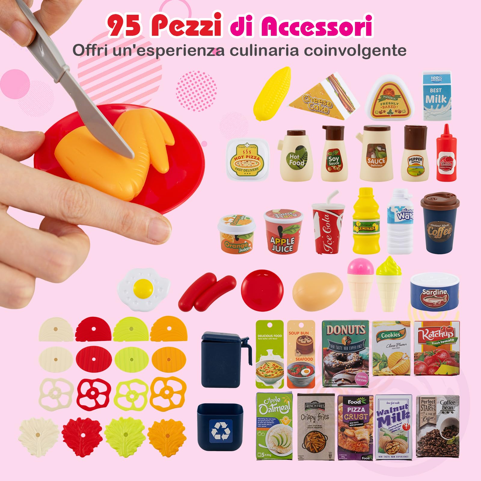 GYMAX Cucina Giocattolo per Bambini, Set Giochi da Cucina con Fornello, Frigorifero, Microonde, Lavello, Rubinetto, Acqua Vapore, Suono e Luce, Gioco di Ruolo con 95 Accessori (Rosa)
