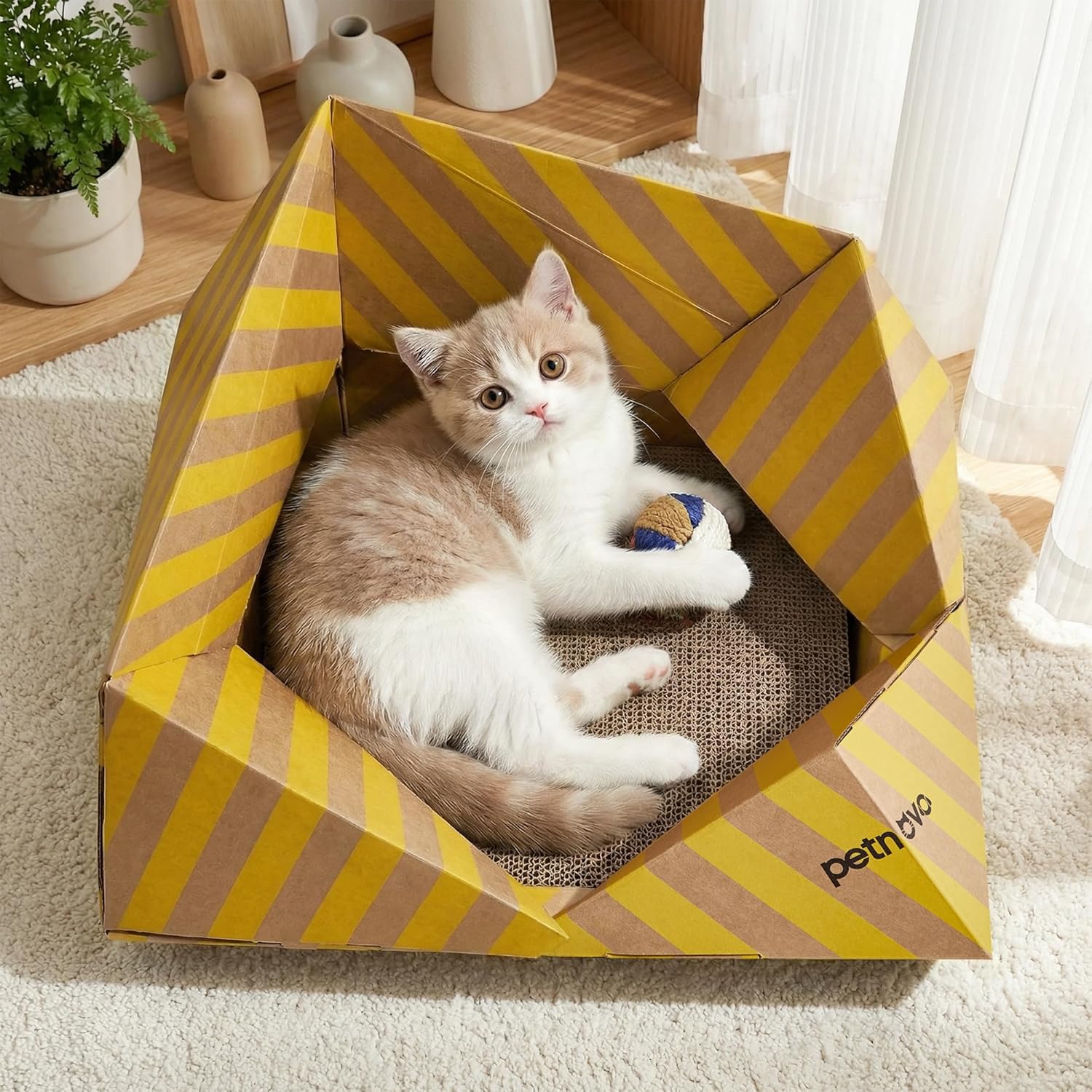 PETNOVO Foldable Cat Bed & House for Travel – Origami Cardboard Cat House with Built-in Honeycomb Scratcher Pad, No-Tools Assembly, FSC-Certified Recyclable, Yellow, 18.5" L x 18.5" W x 11.8" H