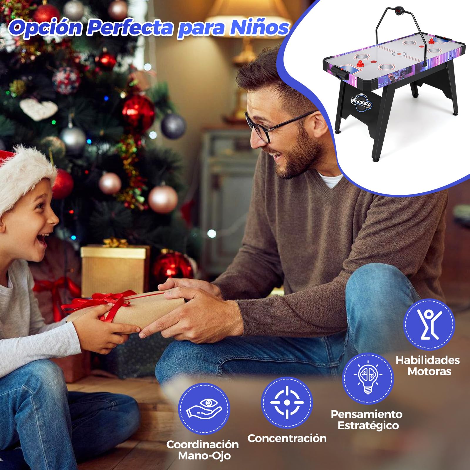 COSTWAY Mesa de Hockey de Aire, Air Hockey con Patas, Potente Motor 12V y Marcador Digital LED, 2 Empujadores y 2 Discos, para Adultos y Niños, 144 x 68 x 81 cm