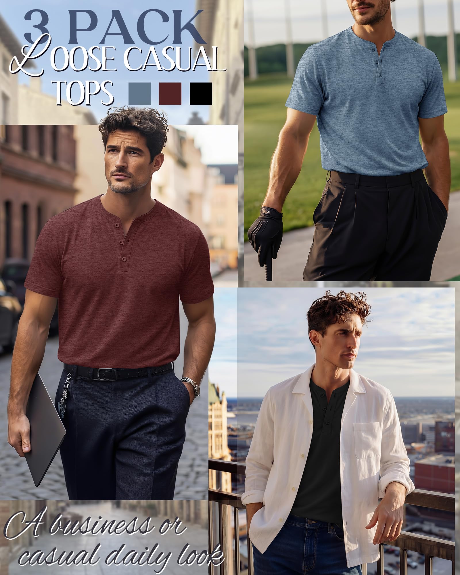 Ficerd 3er-Pack Henley-Shirts für Herren | Übergröße & Langgröße, Kurzarm, Übergröße Mit Knöpfen, Polo-tops, Weit Geschnitten, Übergroß, Sommer, Sportlich