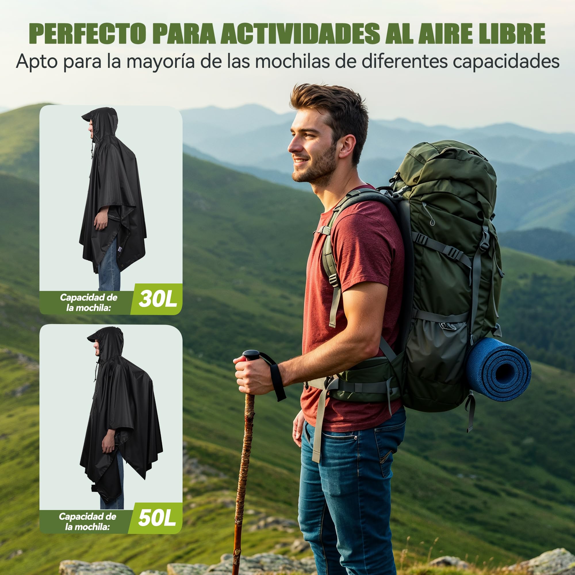 TechRise Chubasquero Poncho Impermeable, Ultraligero y Compacto, Poncho Unisex en Eva con Capucha, Multifuncional Reutilizable para Senderismo, Camping, Pesca, Ciclismo