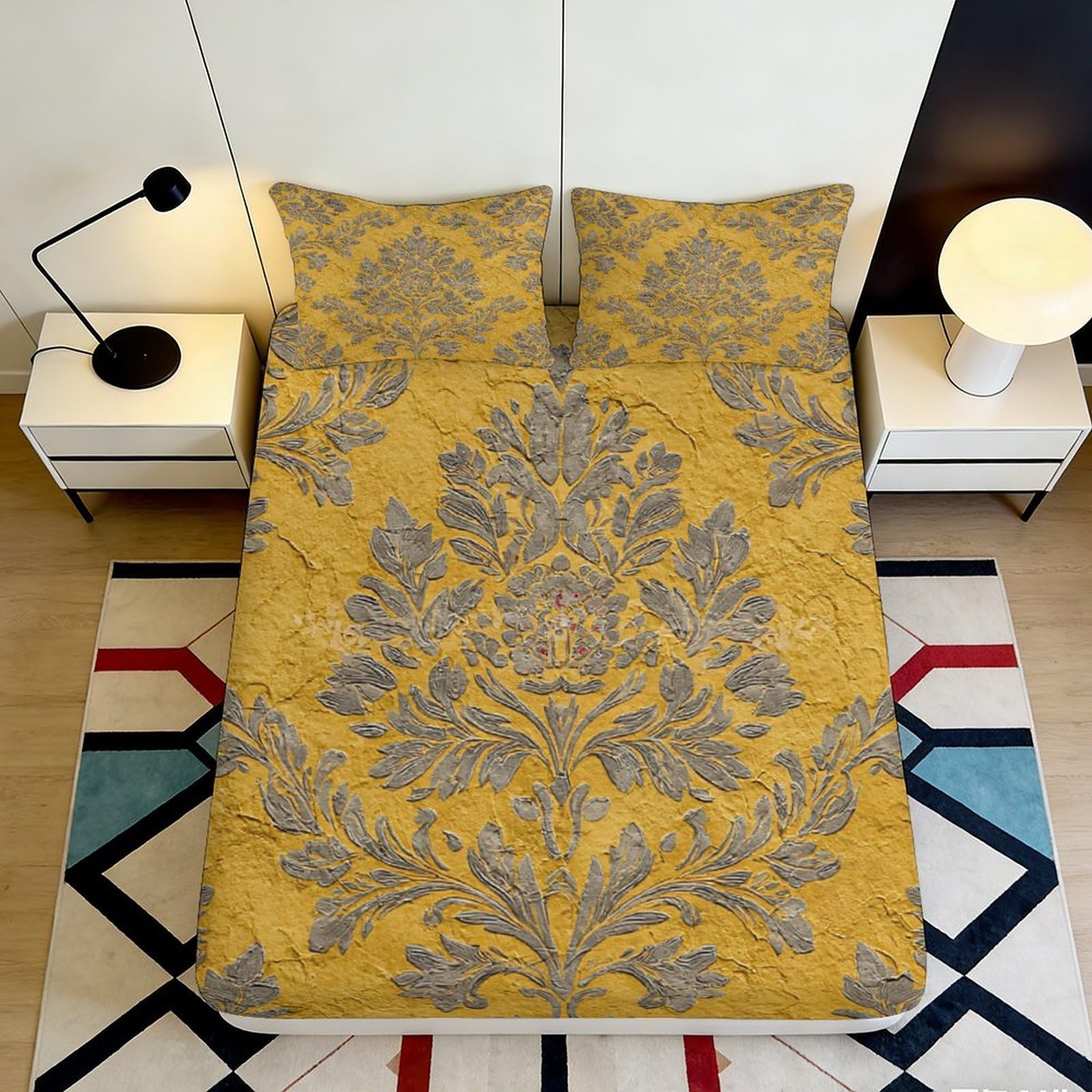 Zfldkwgb Style-10 3D Printed Baroque Floral Fitted Sheet Microfiber Golden Ornate Leaf Mattress Cover For Bedroom Guest Room Decor 90X200x25cm