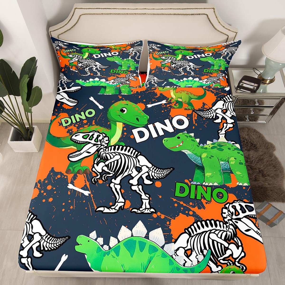Dinosaur Graffiti Fitted Sheet Queen,Vintage Safari Animals Bed Sheet 3 Pieces(No Flat Sheet),Teens Kids Dino Bones Bedding Set for Kids Adults,Dino Animal Lover Deep Pocket Sheet Room Decor