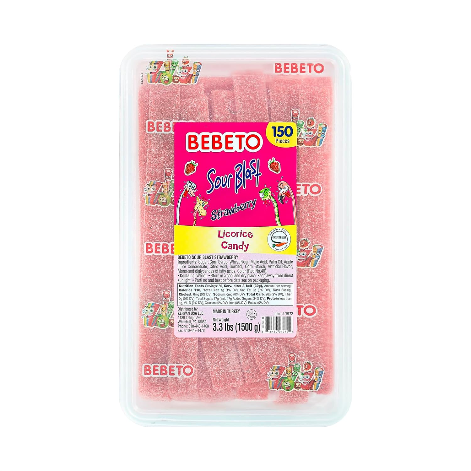 Bebeto Sour Blast Rainbow Licorice Belts Candy – 150 Pieces in Bulk Tub with Serving Tong – Colorful & Chewy Sour Belts – 3.3 lbs (1500g) – Vegetarian & Halal Candy for Parties, Buffets & Gifts by Kervan