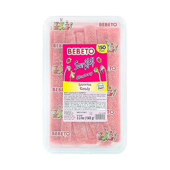 Bebeto Sour Blast Strawberry Licorice Belts Candy 150 Pieces in Bulk Tub with Serving Tong Fruity & Chewy Sour Belts 3.3 lbs 1500g Vegetarian & Halal Candy for Parties and Gifts by Kervan
