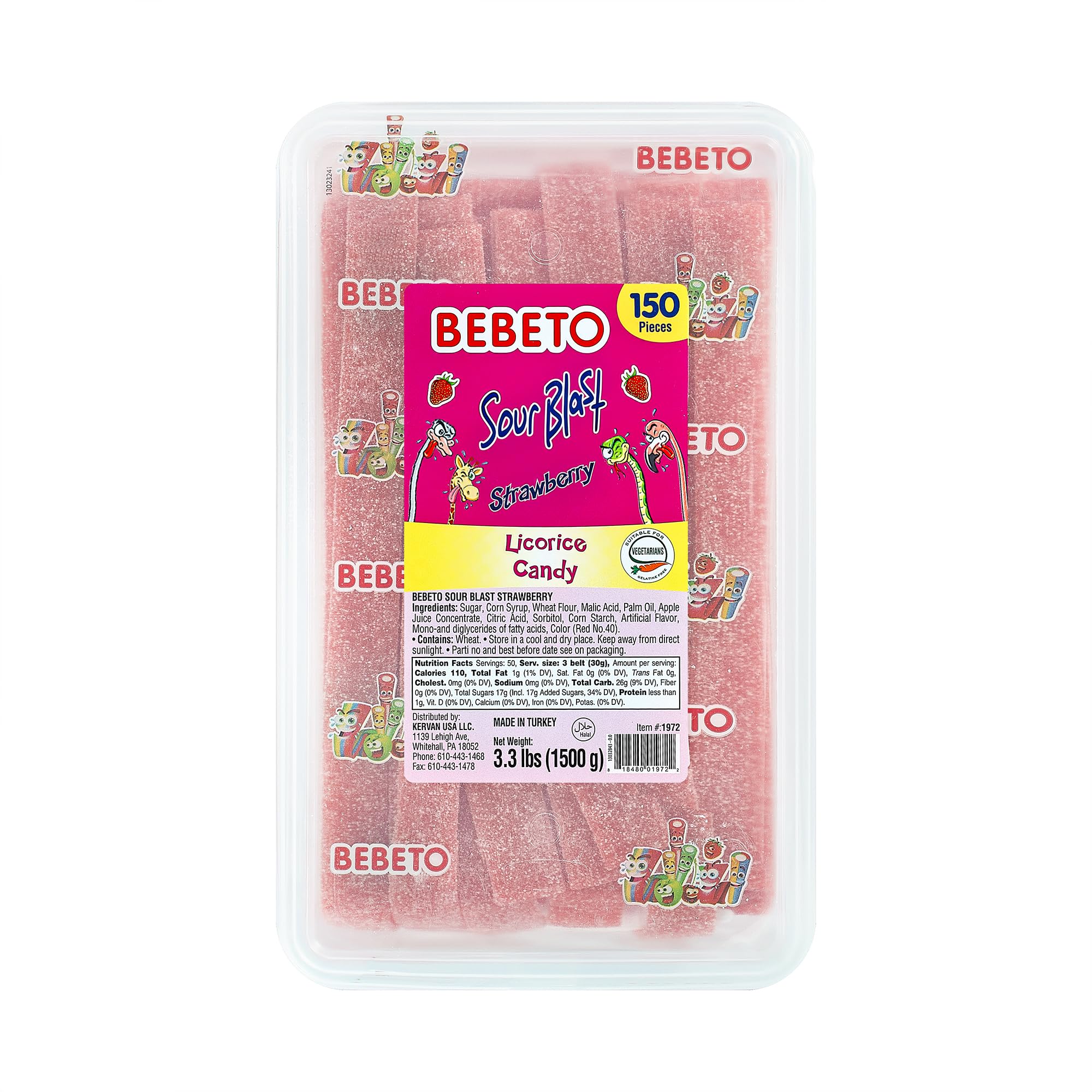 Bebeto Sour Blast Strawberry Licorice Belts Candy – 150 Pieces in Bulk Tub with Serving Tong – Fruity & Chewy Sour Belts – 3.3 lbs (1500g) –