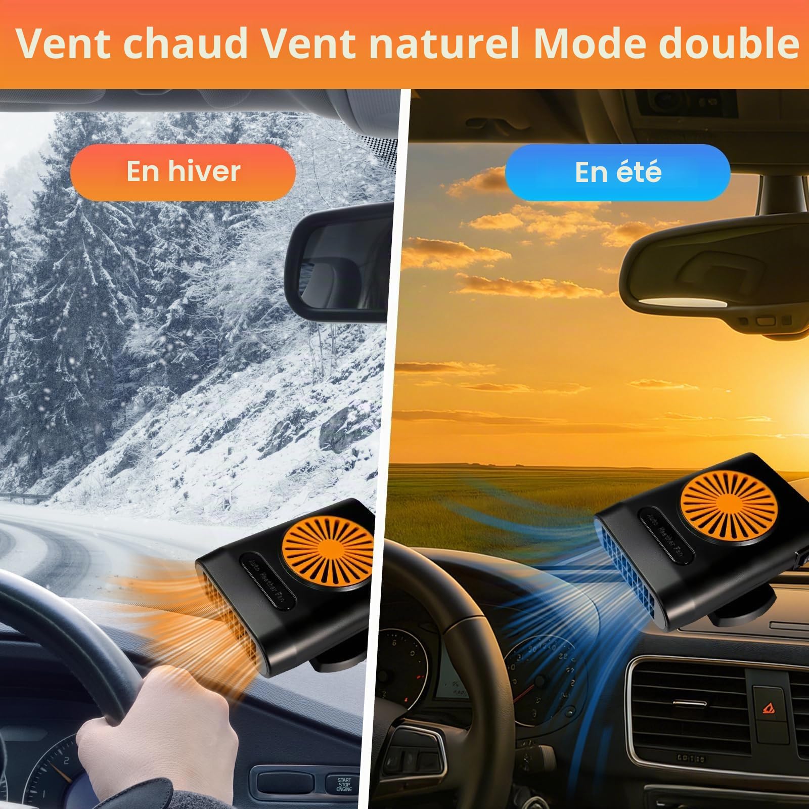 Chauffage de Voiture, 12V 200W Mise à Niveau Portable 2 en 1 Chauffage électrique et Froid, dégivreur avec fiches dans l'allume-Cigare, dégivreur Rapide avec dégivreur Rotatif à 360 °