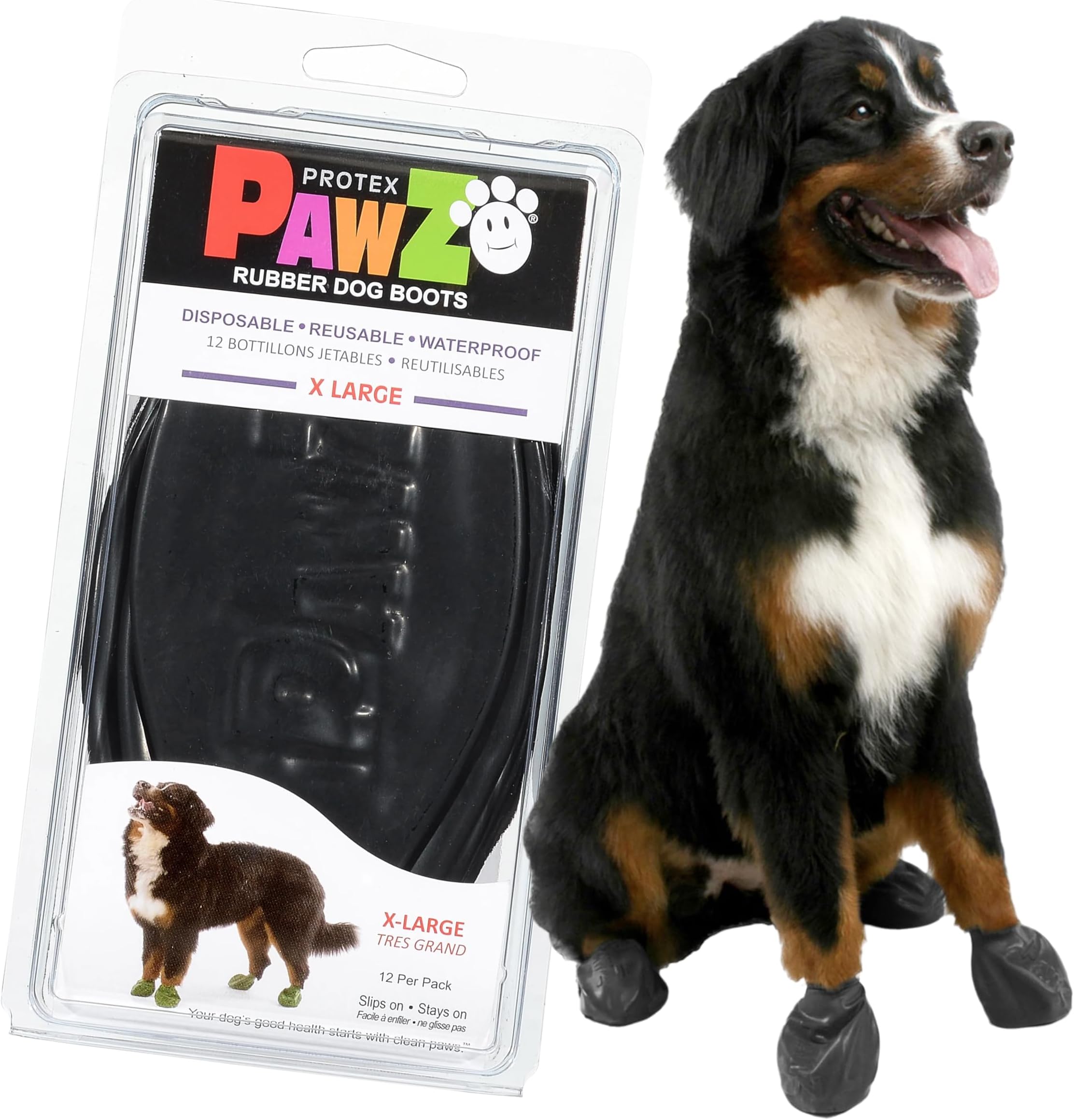 PawZ Rubber Dog Boots for Large Paws - All-Weather Waterproof Dog Shoes, Anti-Slip Traction for Rain, Snow, Mud & Hot Pavement - Pull-On Dog Booties, Black - X-Large (4" +) - Pack of 12