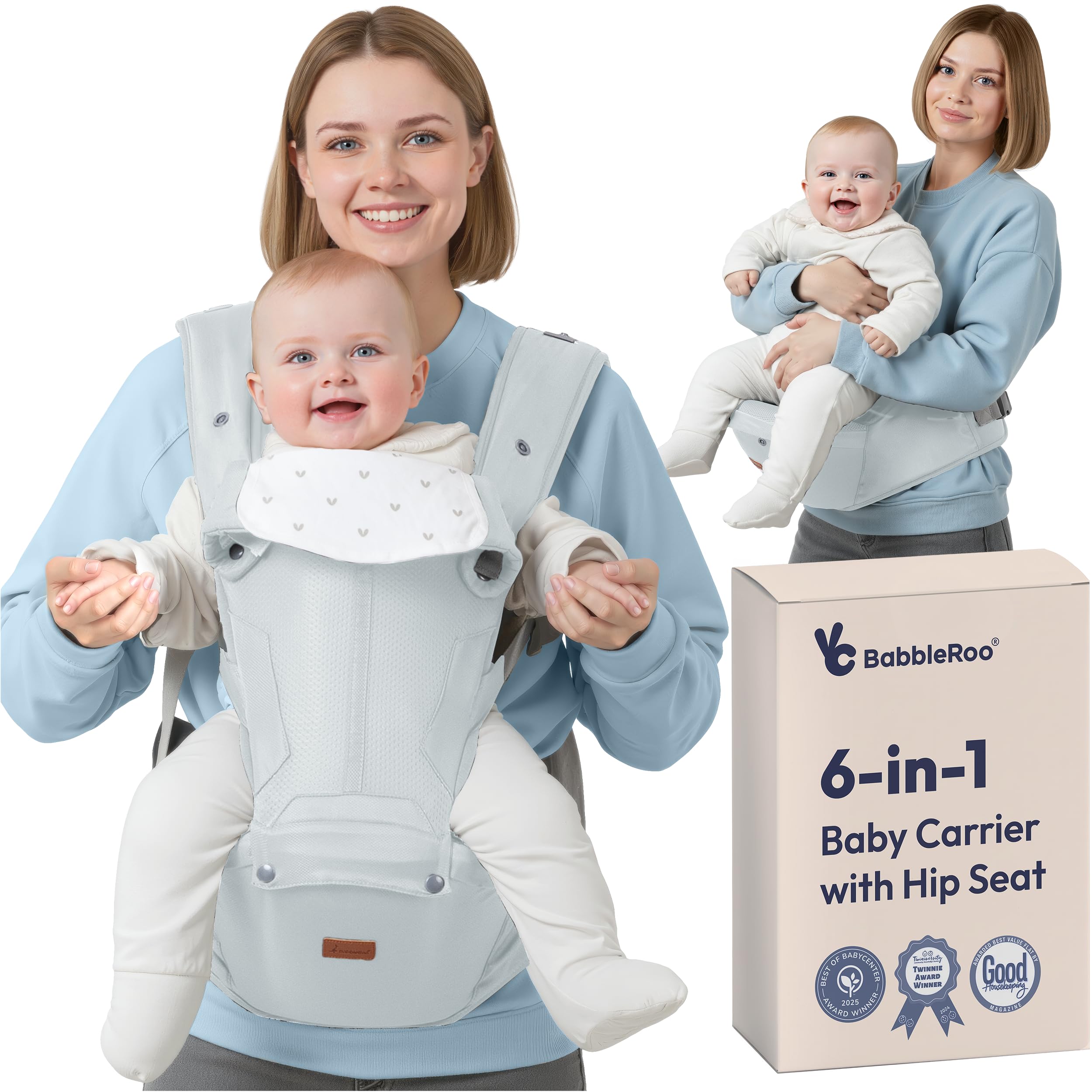 BabbleRoo Grow Carrier – Safety-Certified 6-in-1 Toddler & Baby Carrier with Hip Seat, Ergonomic & Adjustable Toddler Carrier 7-50 lbs with Hip