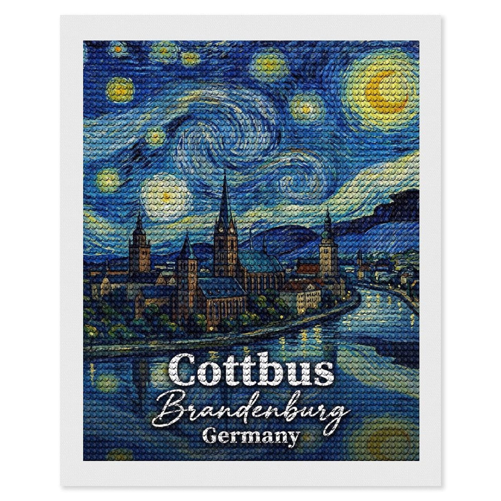 Junmoney Cottbus Brandenburg Germany Starry Night Diamond Painting Canvas Set 16"x20", with Tool Kit, Easy to Enjoy, Home Wall Decor, Thoughtful Handmade Gift