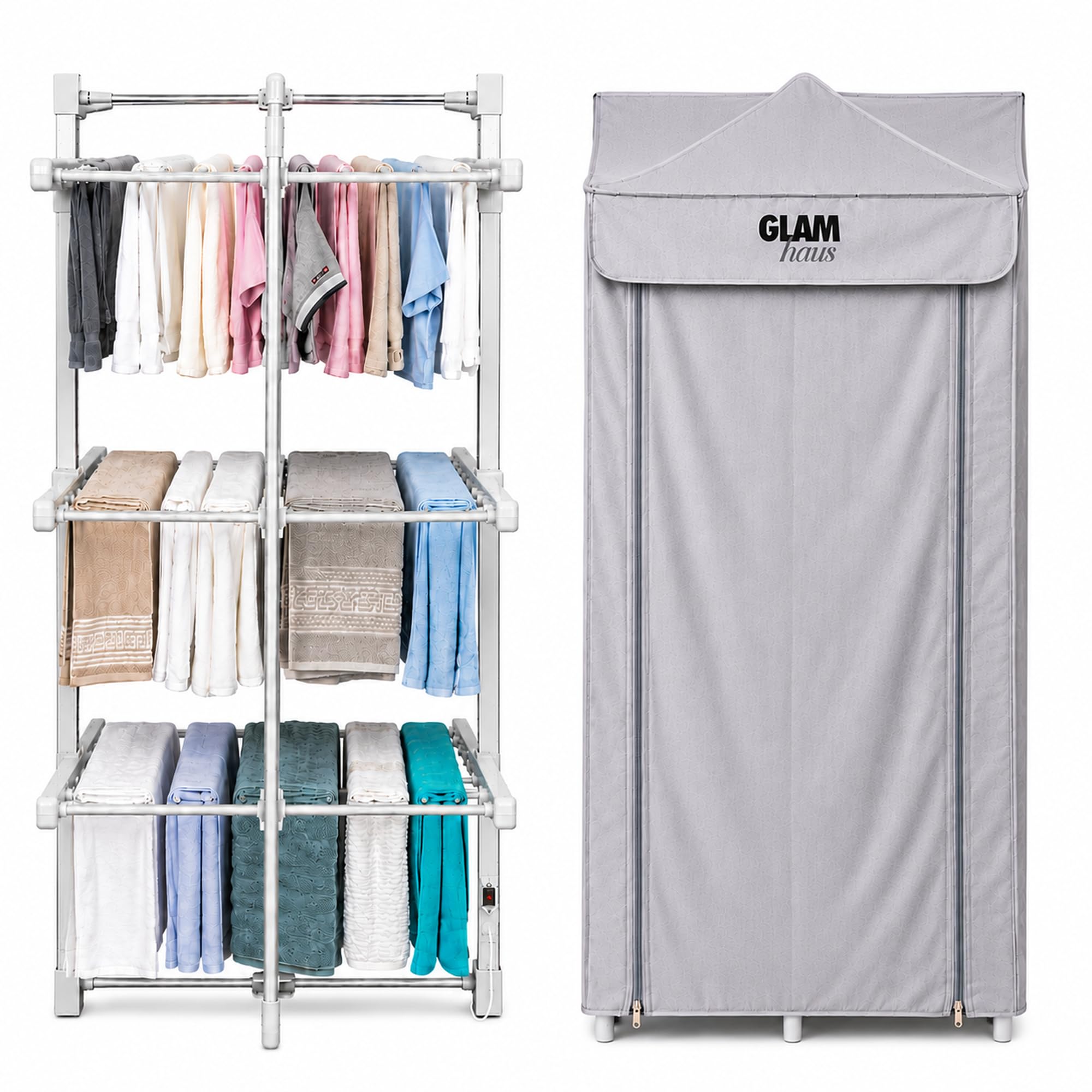 GlamHaus Electric Heated Clothes Airer Dryer Rack Aluminium with Cover Indoor - Folds Flat for Easy Storage - 3 Tier Design - Only 220W