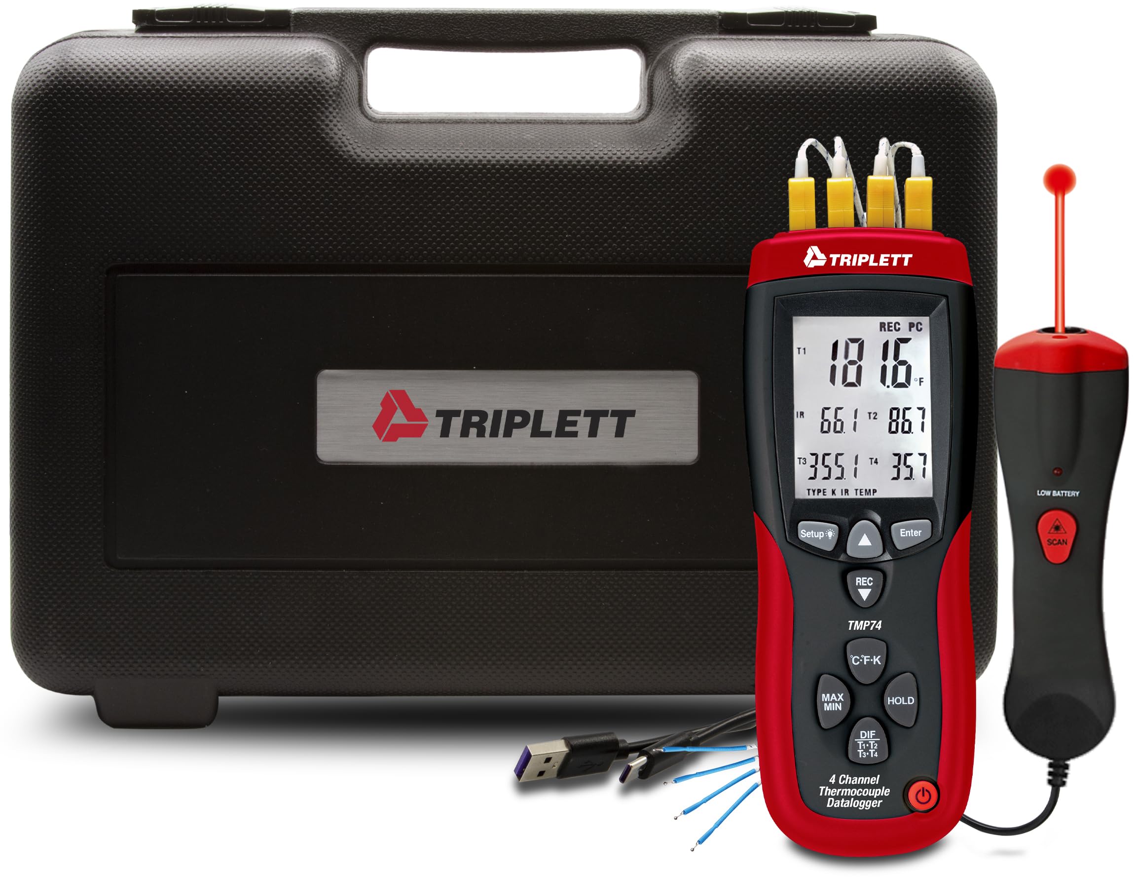 Triplett TMP74 4-Channel Thermocouple Datalogger Plus IR Thermometer, Data Logger