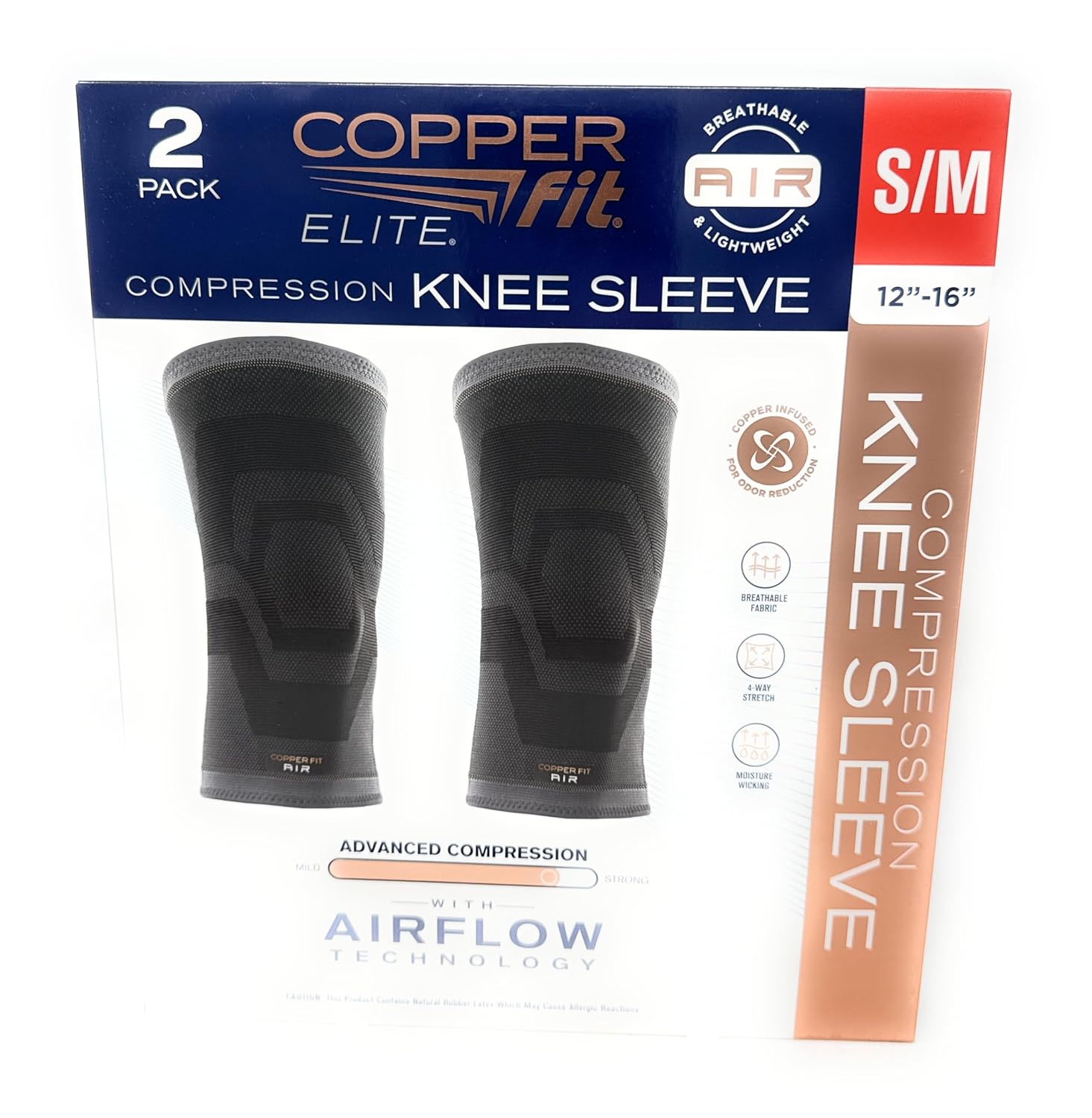 Copperfit Elite Air Knee Compression Sleeve, S/M, 2 Pack, Joint Pain Relief (Small/Medium (12"-16"))