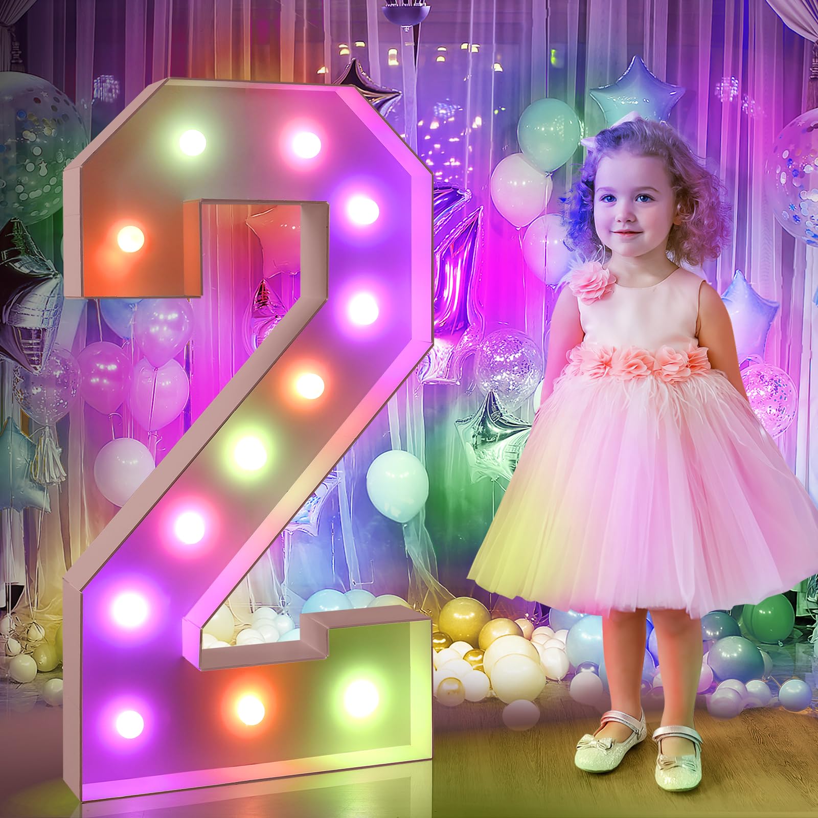4FT Marquee Light Up Numbers, YBQZ Marquee Numbers for 2nd 12th 20th Birthday Decoration, Colorful Mosaic Numbers with Remote for Balloons Number 2,Pre-Cut Light Up Numbers for Anniversary Party Decor