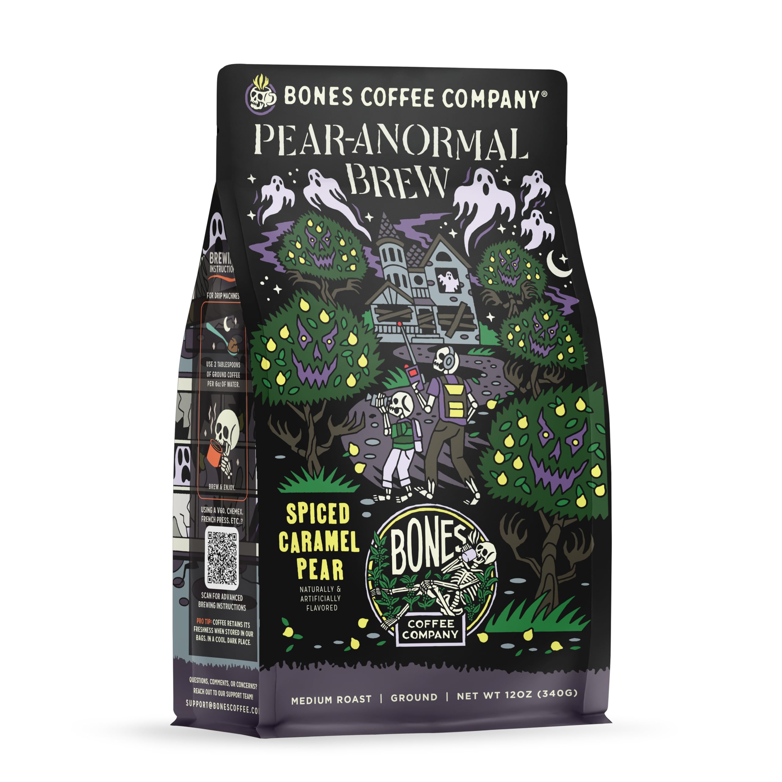 Bones Coffee Company Pear-Anormal, Caramel and Spiced Pear Flavored Coffee, Medium Roast Low Acid Arabica Beans Compatible with Auto drip and French Press Coffee Maker, 12 Oz Ground