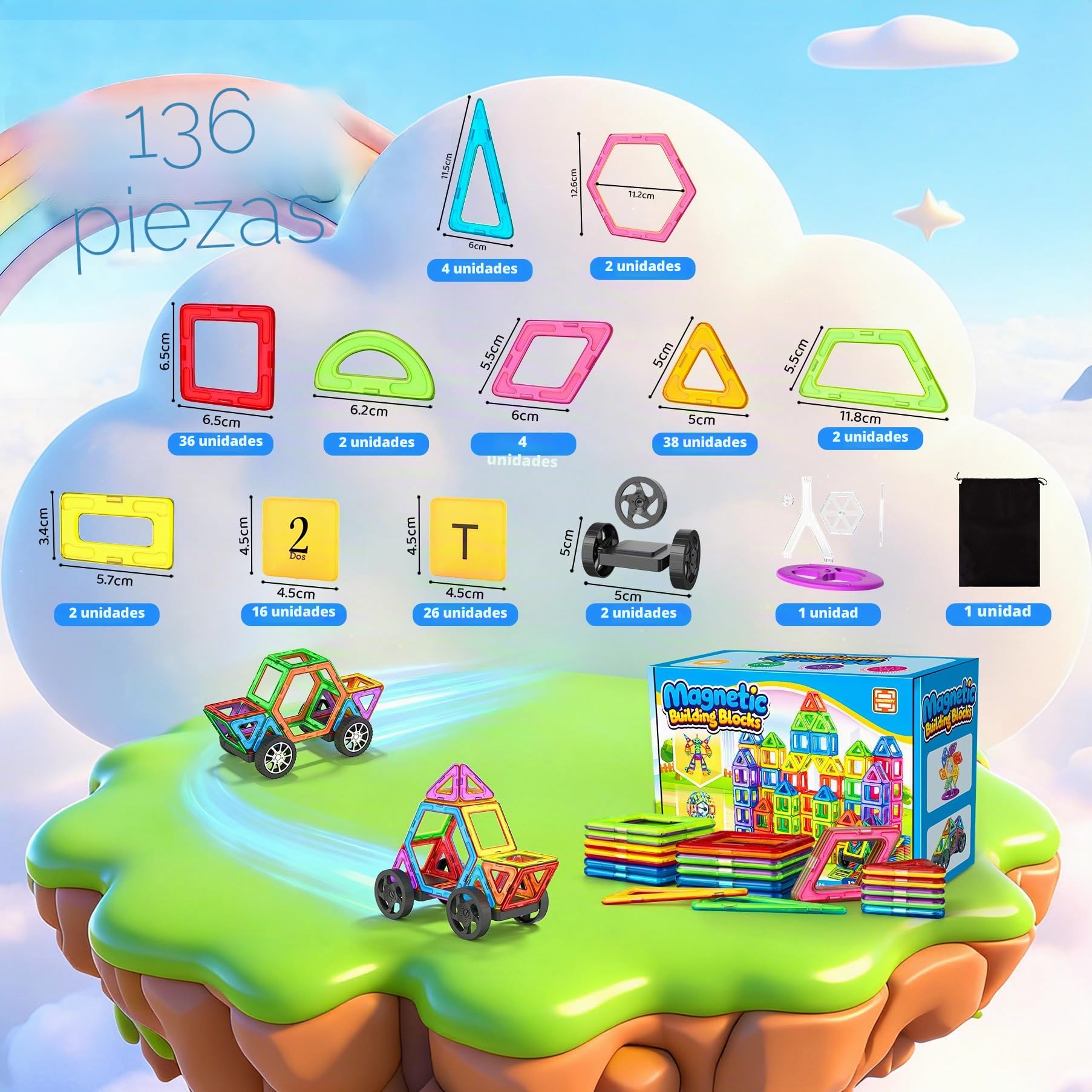 WOOBLO Bloques Magneticos Construccion Niños, 136 Piezas Magneticas Niños, Construcciones Magneticas Bloques de Construcción Magnéticos, Educativo Montessori Juguetes Niños, Juego de construcción