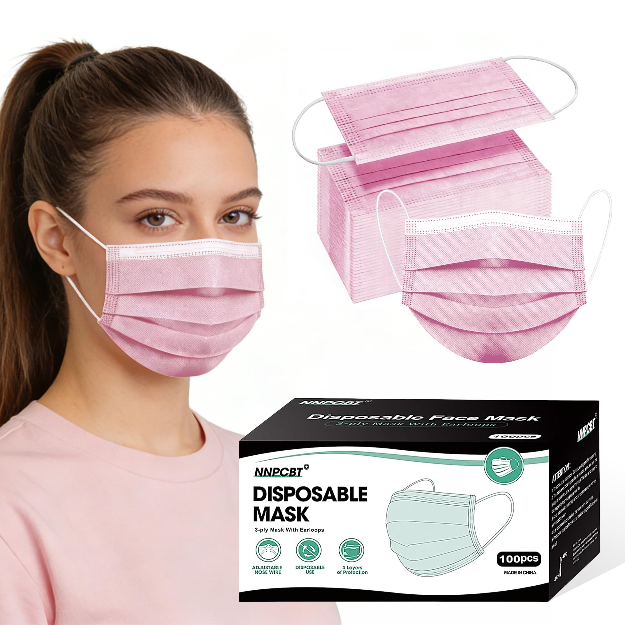 Pink Disposable Face Masks 100 Pack,3-Ply Breathable Mask For Adults,Great For Outdoors,Home, Office, School