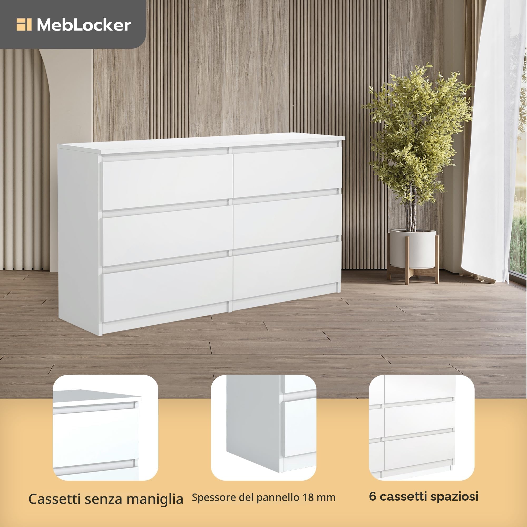 Cassettiera con 6 Cassetti - Settimino 140x80x40 cm - Cassettiera Salvaspazio per la Camera da Letto e Soggiorno - Armadio con Cassetti dal Design Moderno - Bianco