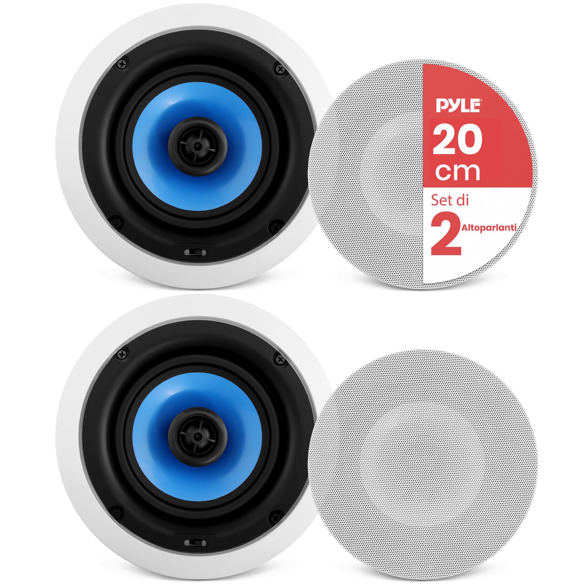 Pyle Altoparlanti Auto 2 Vie da Incasso 20,3 Centimetri, Speaker 300 Watt, Coppia Casse Audio da Parete/Soffitto, Tweeter a Cupola in Seta da 2,5 Centimetri, Controllo Treble Regolabile