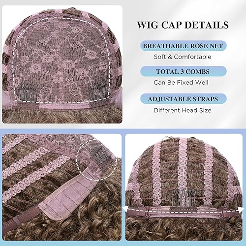 Miniatura 9 de Peluca rizada afro con flequillo, peluca corta rizada para mujer, rubio degradado, pelucas rizadas sintéticas hasta el hombro, peluca afro sin