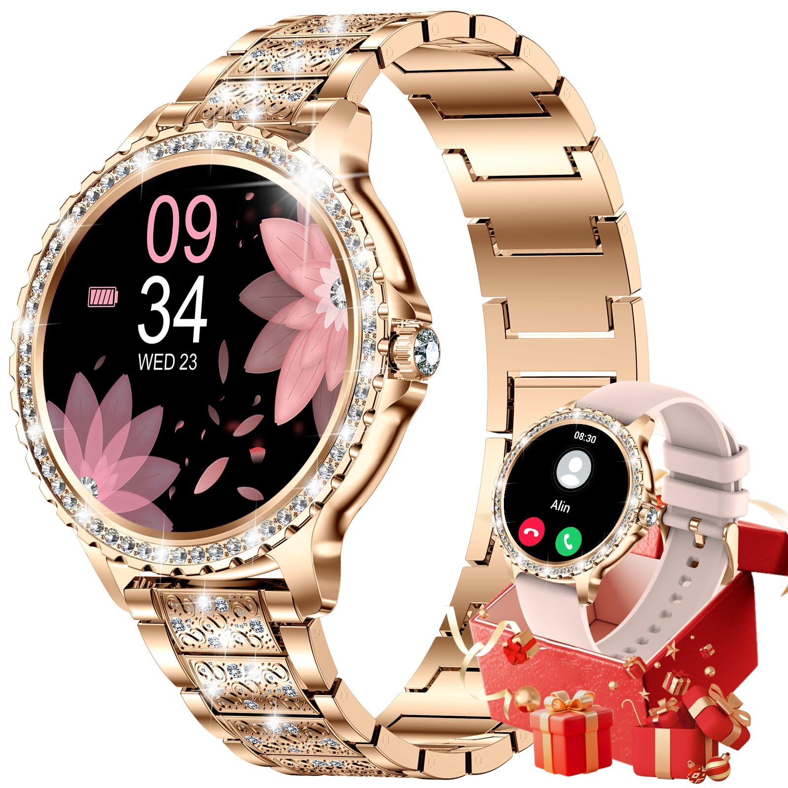 Smartwatch Damen mit Diamant, 1,32" HD Round Fitnessuhr mit Telefonfunktion, Herzfrequenz/Schlafmonitor, 500+ Ziffernblätter, IP68, 110+ Sportmodi Sportuhr Armbanduhr für Android iOS, Roségold