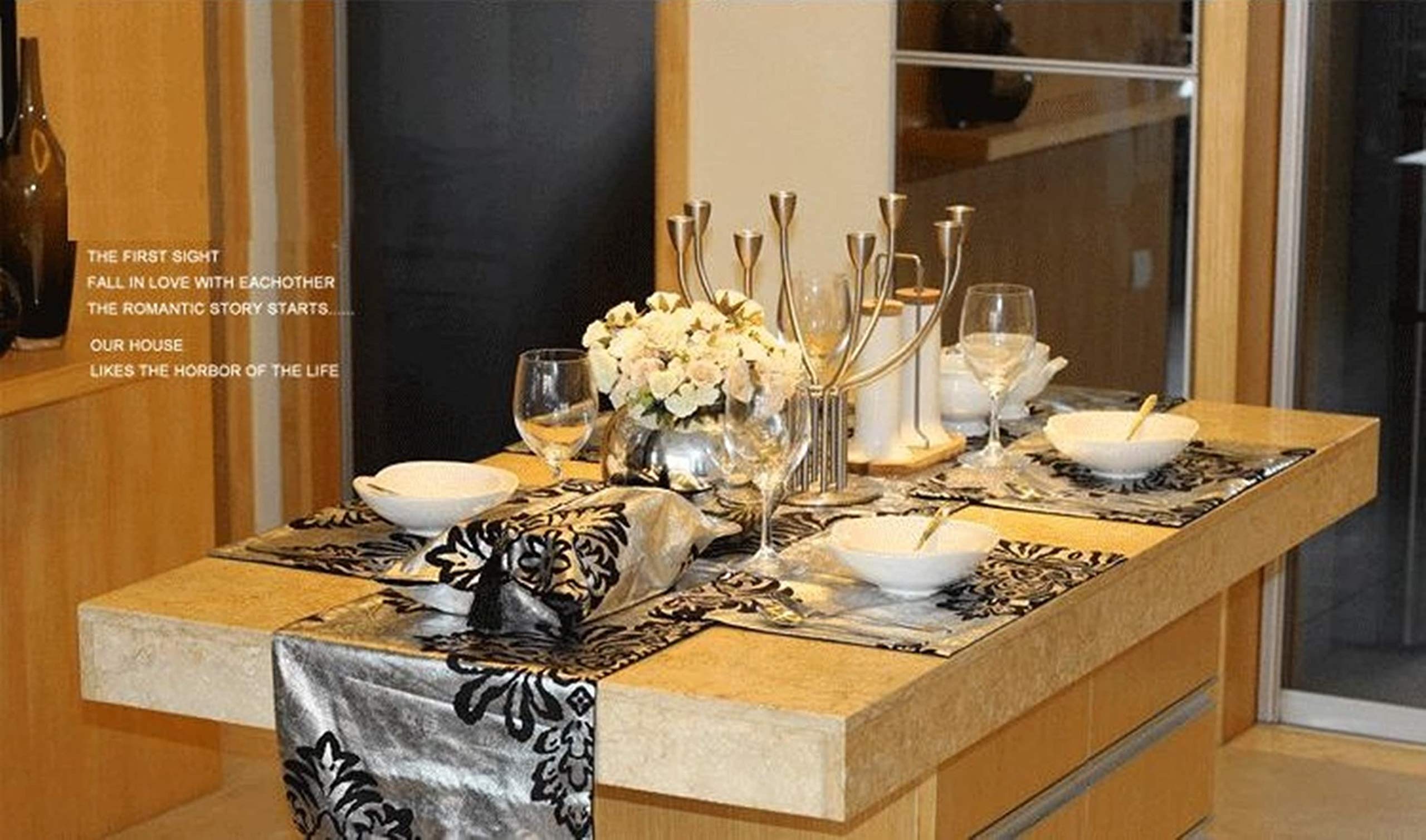 Tavola Runner in Seta, Runner Natalizio Argento Nero Motivo Floreale Runner Da Tavolo Elegante, 33x250CM