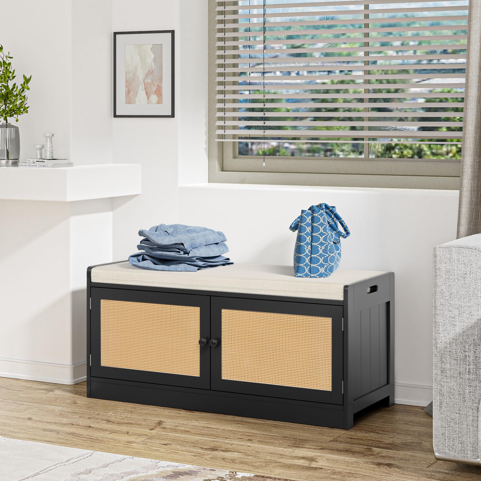 Yvsevn Banco Zapatero con Asiento con Asiento Acolchado Estantes Regulables | Madera Zapatero Entrada Recibidor , Rattan Banco para 8-12 Pares de Zapatos, para Pasillo Entrada carga 150kg 101x40 x46 cm