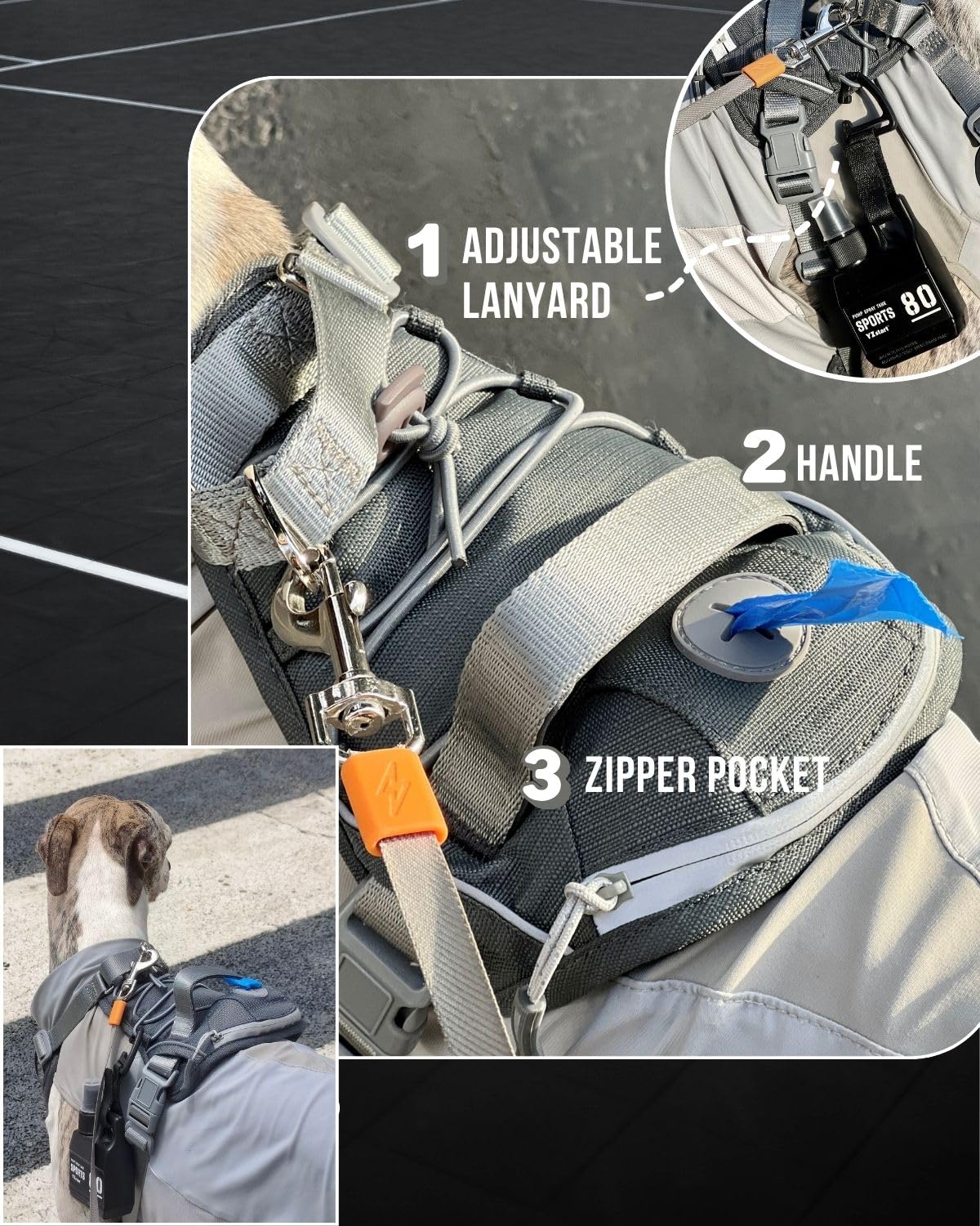 DF No Pull Martingale Dog Harness, Easy Walking & Escape Proof, Reflective & Adjustable Fit, No Twist Front Clip Harness with Handle and Zippered Pocket, Gray, 1", Chest 32"-42" - image 3