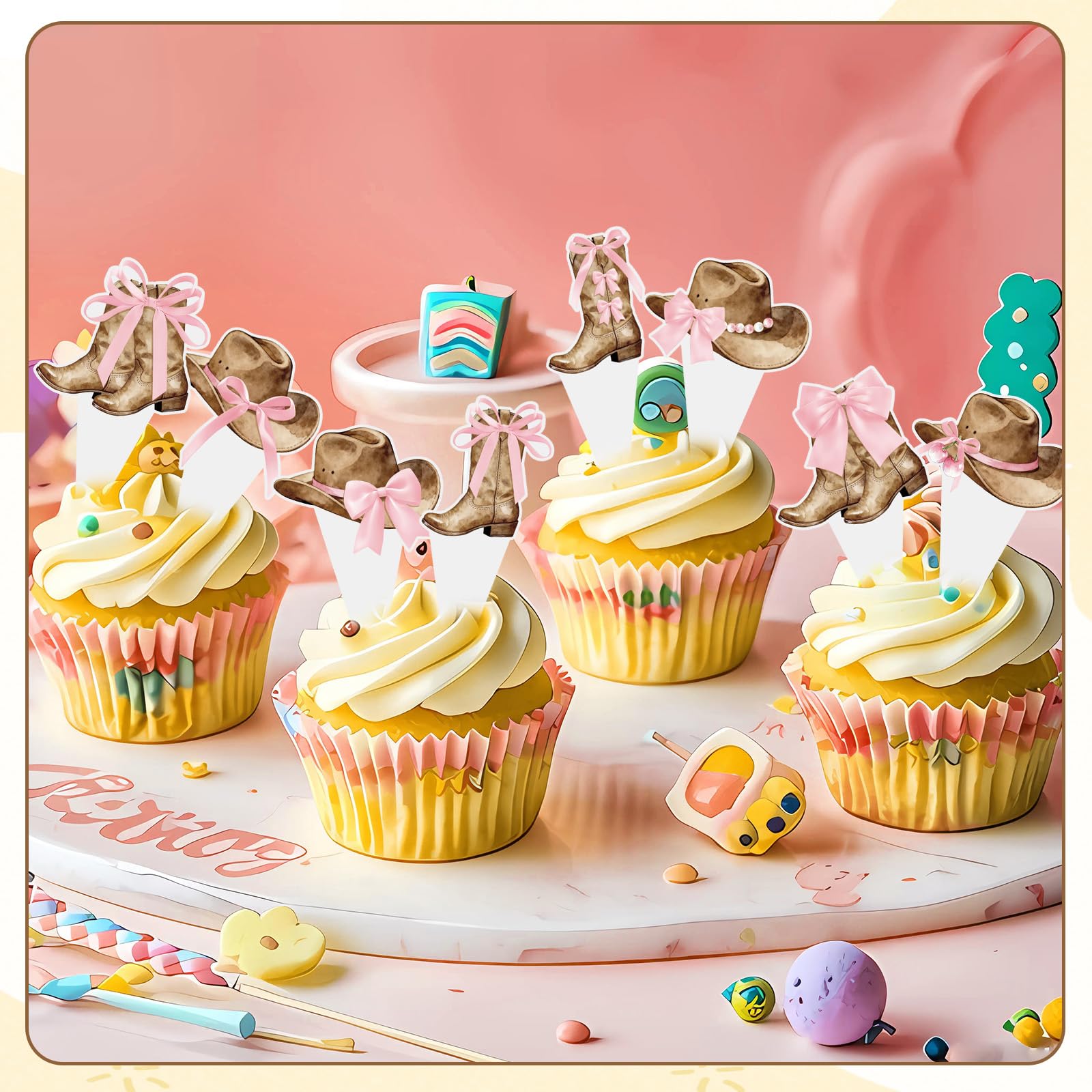 48Pcs Women's Cowboy Boots and Hats with Pink Bow Cupcake Decorations, Cowgirl Cupcake Toppers Decorations Supplies - Image 4