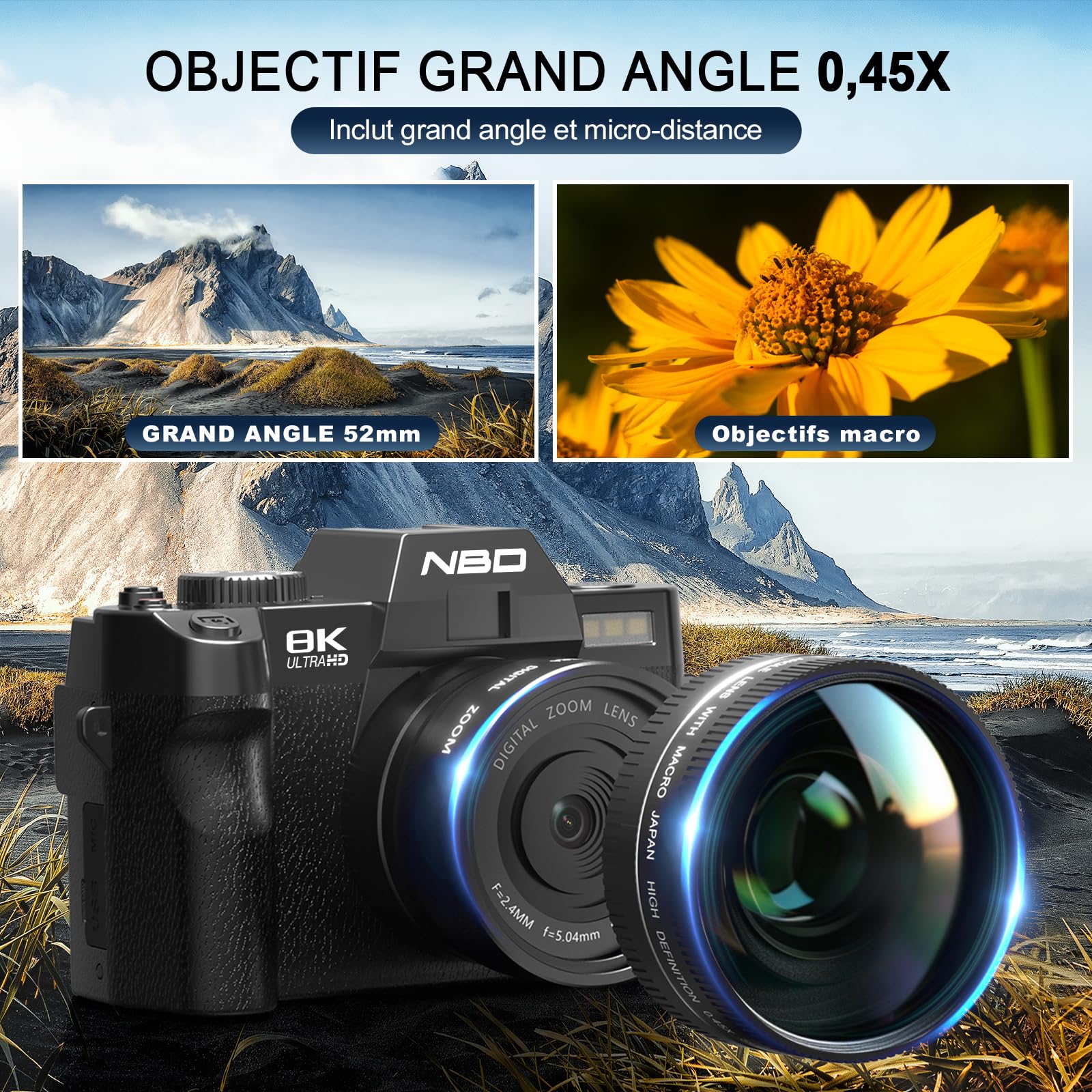NBD Appareil Photo Numérique 8K 64MP: *​Kit 16-en-1​* avec Autofocus, Écran Orientable 180°, Zoom 16X, WiFi, Carte 64GB + 2 Batteries (Noir)