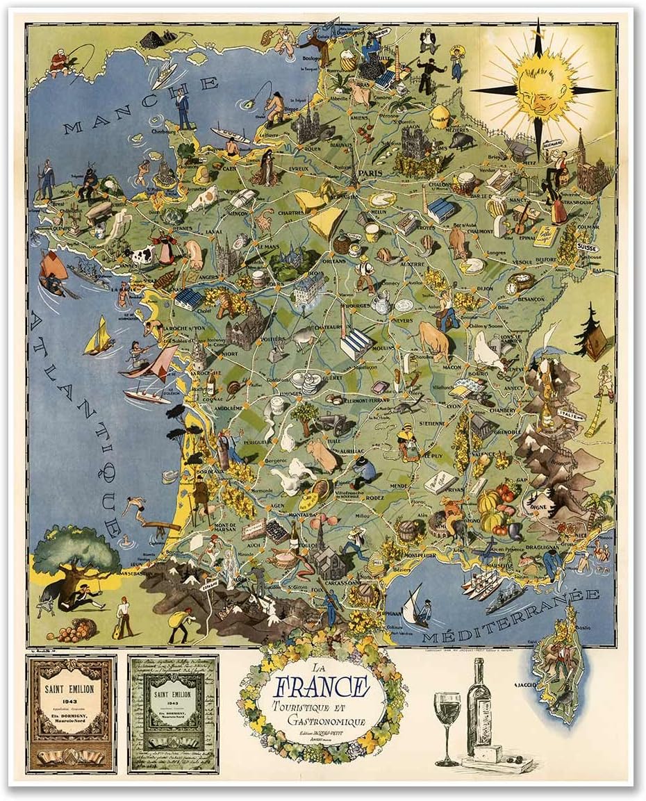 Tourist and Gastronomic Gourmet Guide of France | Touristique et Gastronomique la France circa 1948 | Vintage Art Print Wall Decor (610 mm x 762 mm) 24 x 30 inches
