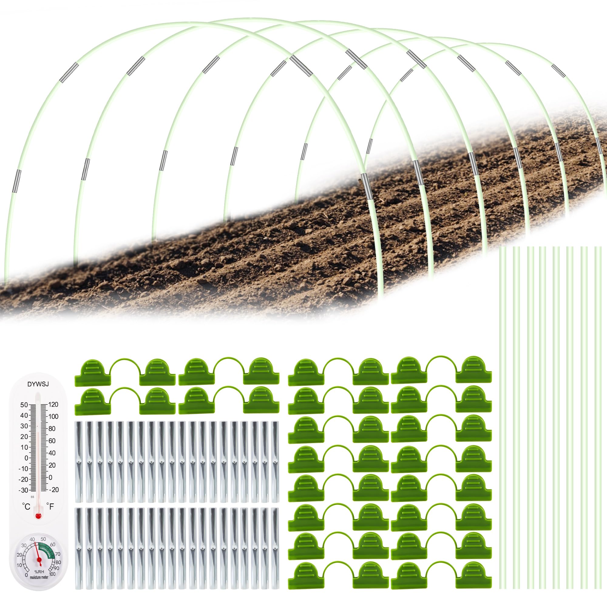 50 Pièces Arceau pour Serre Tunnel, 43cm Cerceaux pour Serre de Jardin avec 40 Tube de Connexion, 32 Pinces et Thermomètre, Kit de Maison de Cerceau de Jardin pour Plantes, Fruits, Légumes