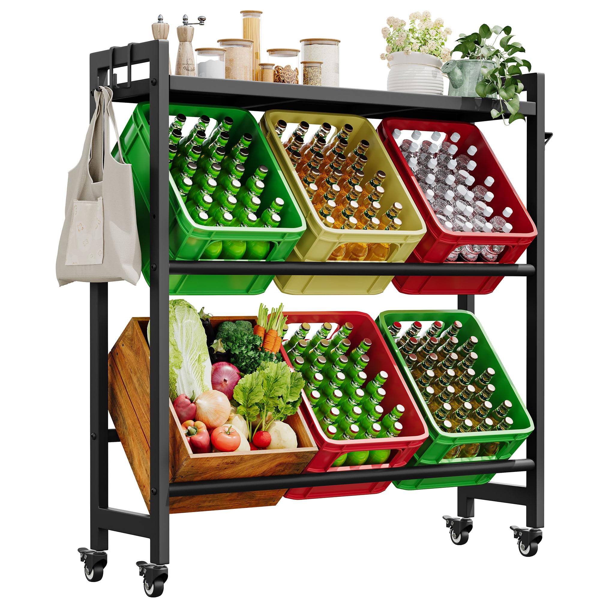 YITAHOME getränkekistenregal mit ablage 6 kisten, getränkekistenregal rollen, verstellbaren füße, Öffner, Haken, Metall regal getränkekisten für Bier, Obst, Gemüse, Wasser, getränkeregal kisten regal