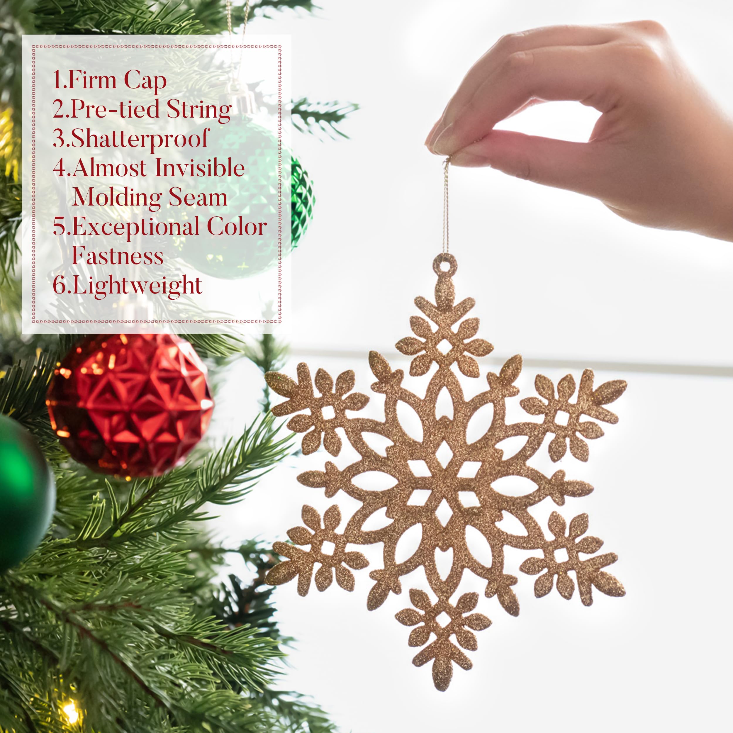 Valery Madelyn Lot de 50 boules de Noël en plastique avec crochet de suspension, 5 cm, rouge, vert, doré, décoration de sapin de Noël, avec flocons de neige incassables, décoration de Noël