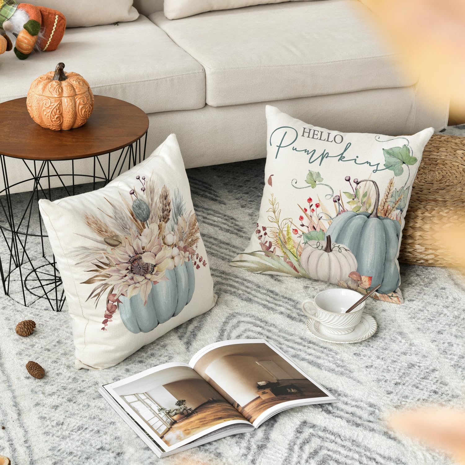 Juego de 4 fundas de almohada de algodón con diseño de calabaza y trigo otoñal y Acción de Gracias, 18 x 18 pulgadas, color azul estacional para sofá 3