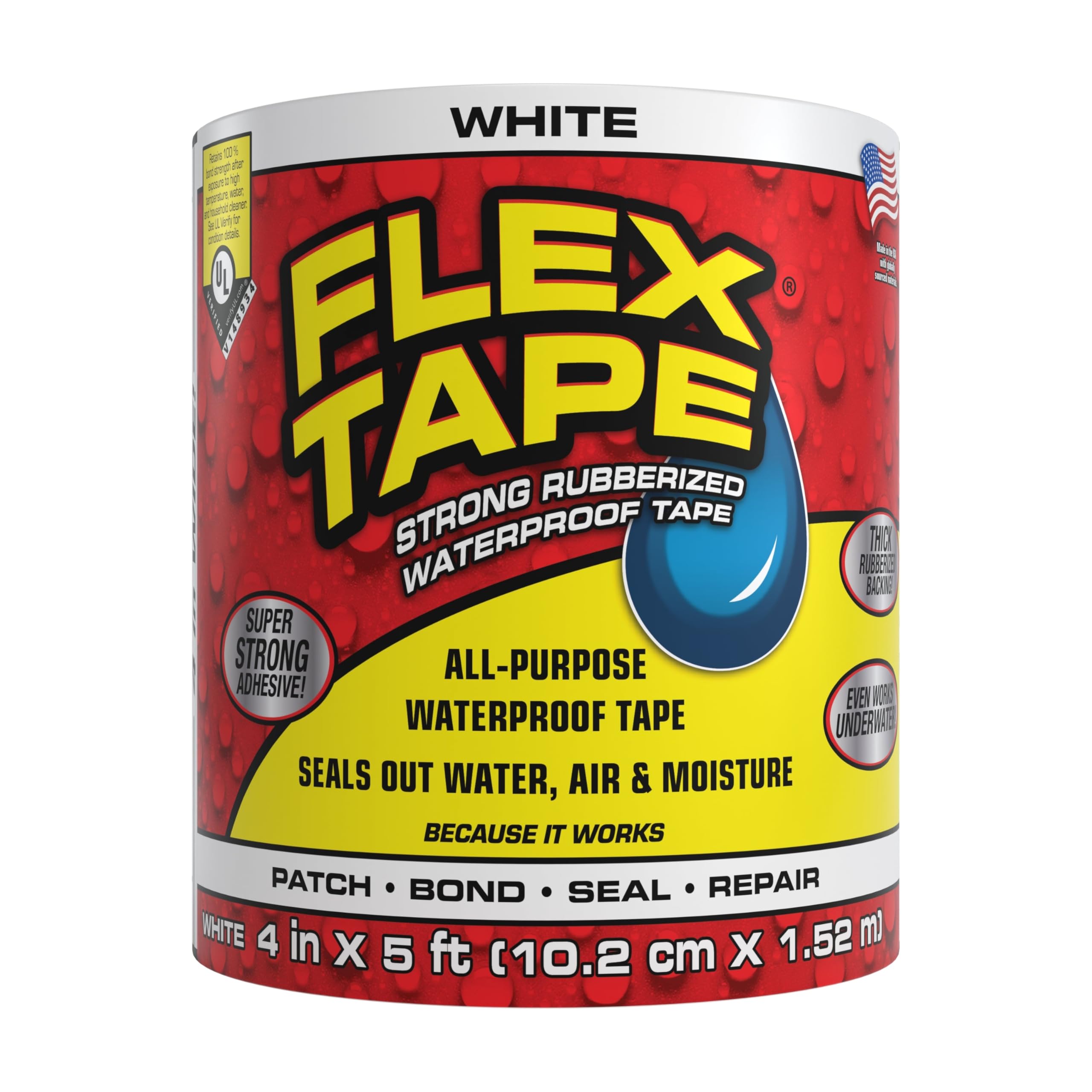 Flex Tape, Original Thick Flexible Rubberized Waterproof Tape - Seal and Patch Leaks, Works Underwater, Indoor Outdoor - Home RV Roof Plumbing and Pool Repairs, White, 4 in x 5 ft, Pack of 1