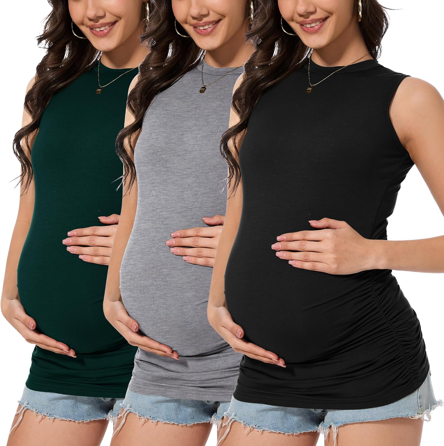 Smallshow Women's Maternity Tank Top Crew Neck Sleeveless Pregnancy Clothes 3 Pack